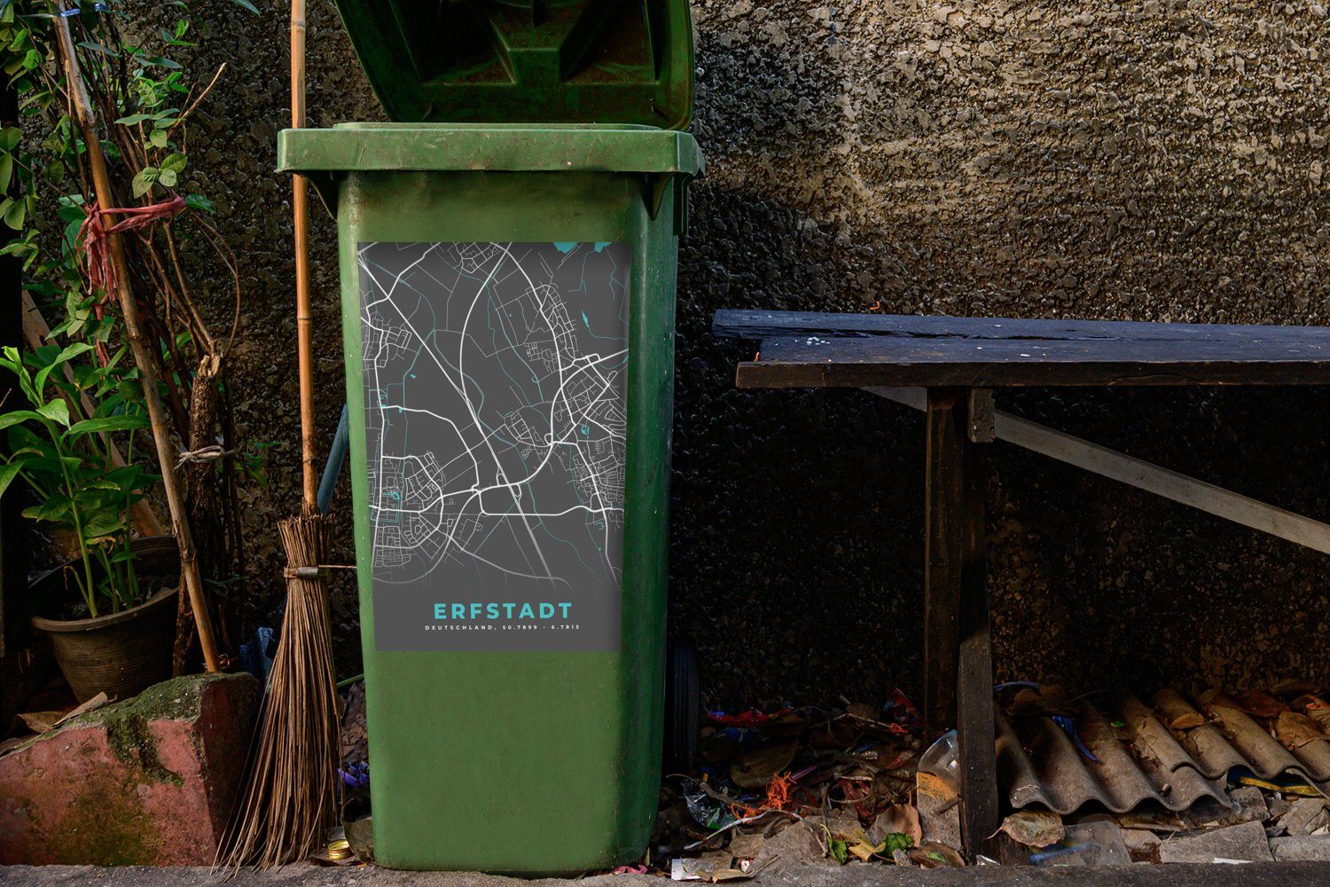 (1 Stadtplan MuchoWow Erfstadt Sticker, Container, Blau - - Mülleimer-aufkleber, St), - - Mülltonne, Wandsticker Abfalbehälter Karte Deutschland