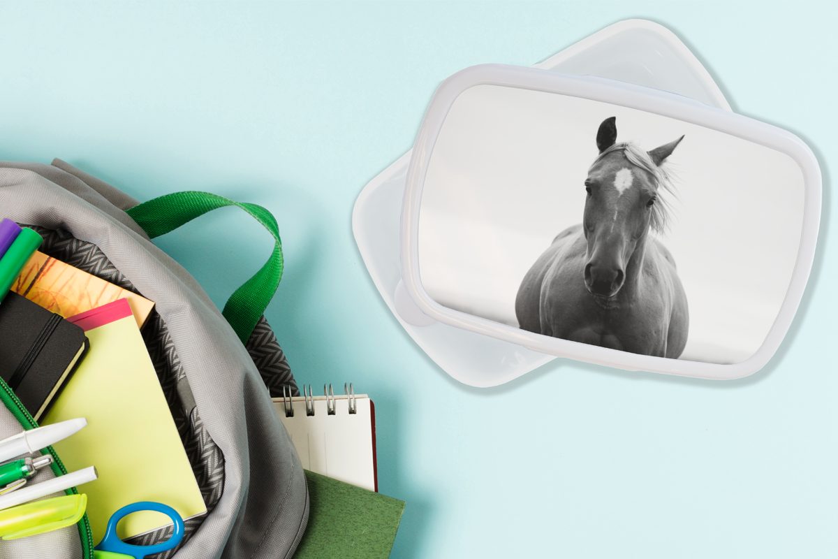 MuchoWow Lunchbox Pferd - für für Mädchen Erwachsene, Brotdose, Kinder - Schwarz - Weiß, und Jungs und Brotbox (2-tlg), Kunststoff, Tier