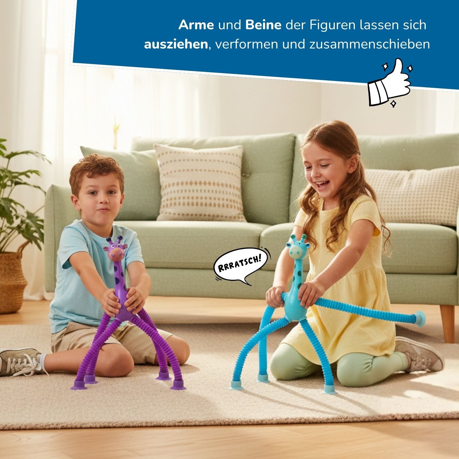 alldoro Spielfigur 24 flexible Giraffen-Spielfiguren mit ausziehbaren Armen & Beinen, Glieder aus dehnbaren Teleskop Pop-Röhren mit Saugnapf zum Haften