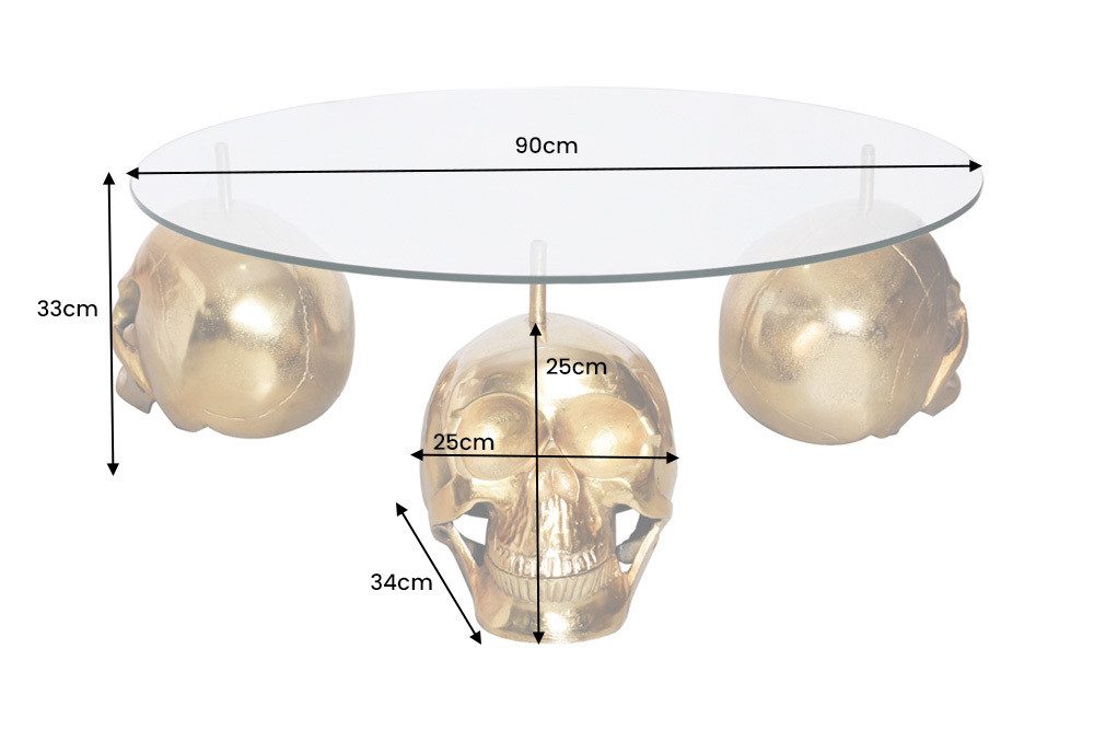 riess-ambiente Couchtisch SKULL XXL 90cm gold Glas rund – Totenkopfgestell, Metall handmade (Einzelartikel, 1-St), Statement Piece, Modern Design, Dekoration, für Wohnzimmer