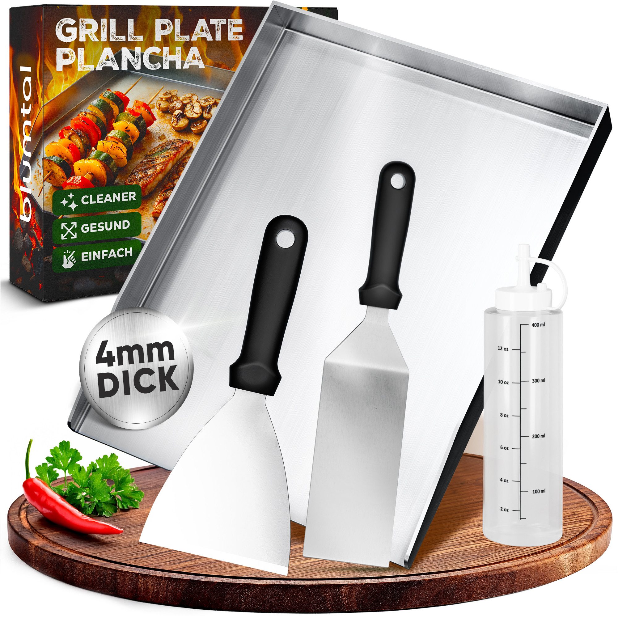 Blumtal Grillplatte Set Plancha Grillplatte Edelstahl inkl. 2 Grillspachteln & Ölflasche (Spar-Set, 4-St), Plancha Grill Set 30x40 cm – Edelstahl, rostfrei & robust für Gasgrill