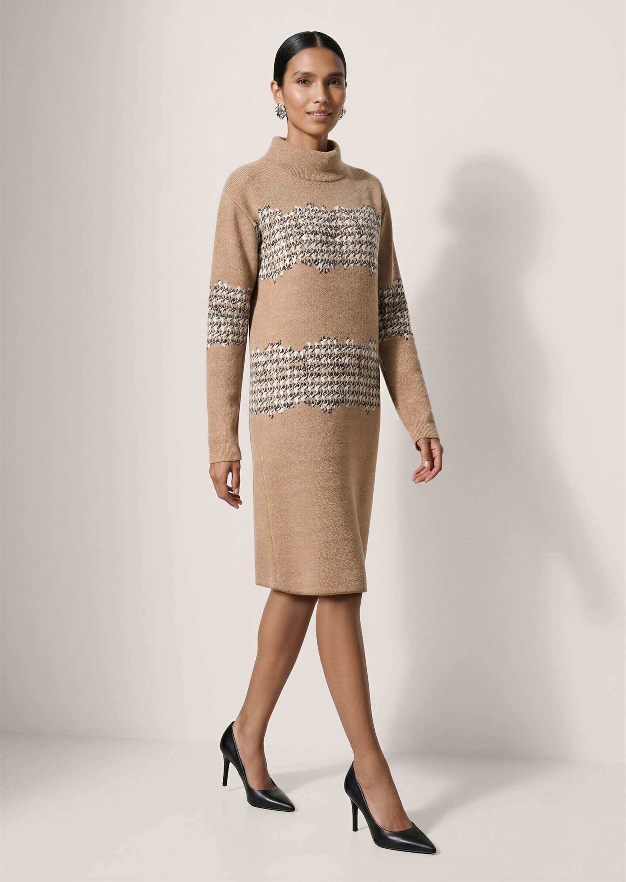 MADELEINE Midikleid H-Linien-Kleid mit Hahnentritt Stehkragen, überschnittene Schultern & dehnbarer Sitz