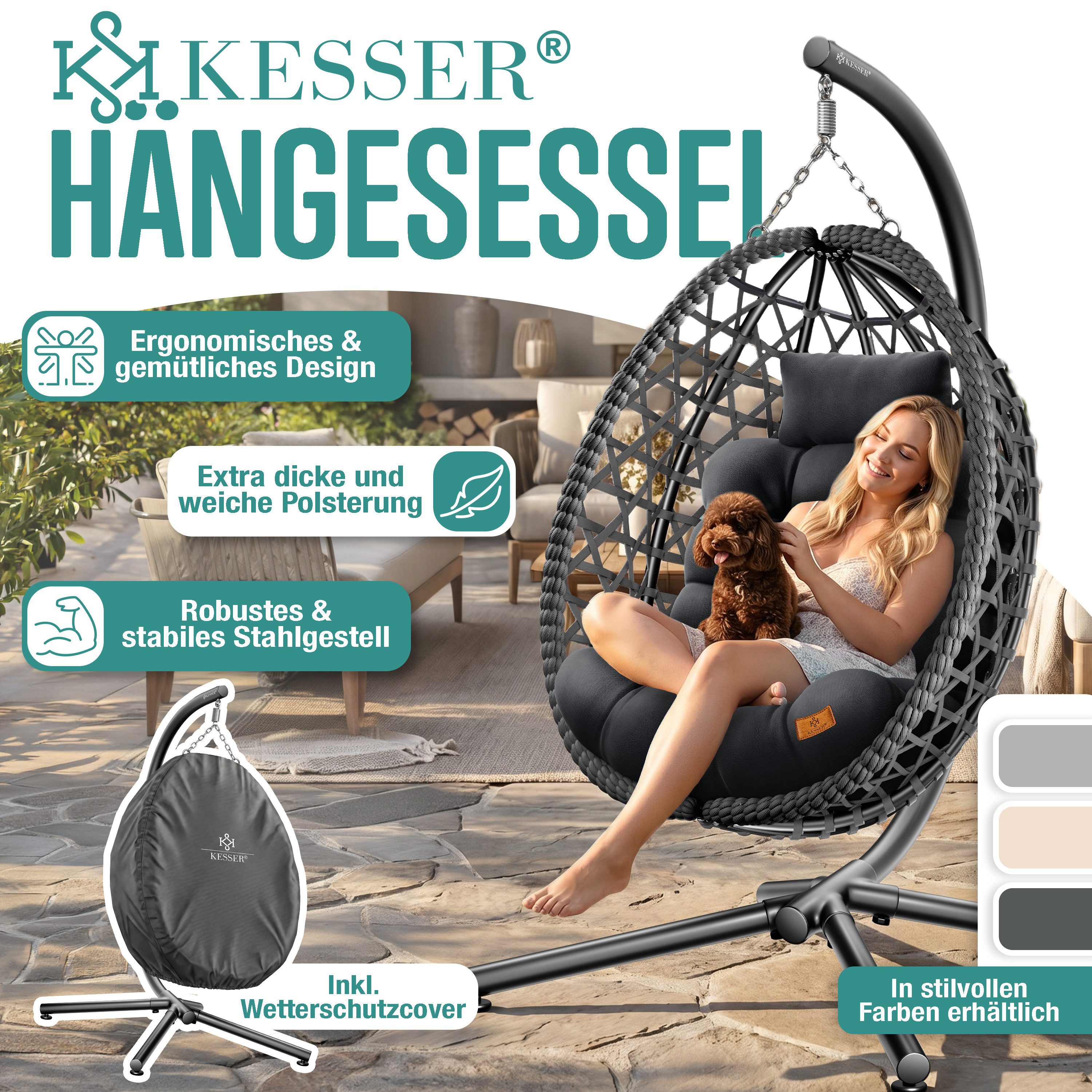 KESSER Hängesessel Hängestuhl mit Gestell, Polsterkissen, 2in1 Deckenhalterung & Cover, Indoor & Outdoor Schaukelstuhl bis 150kg belastbar