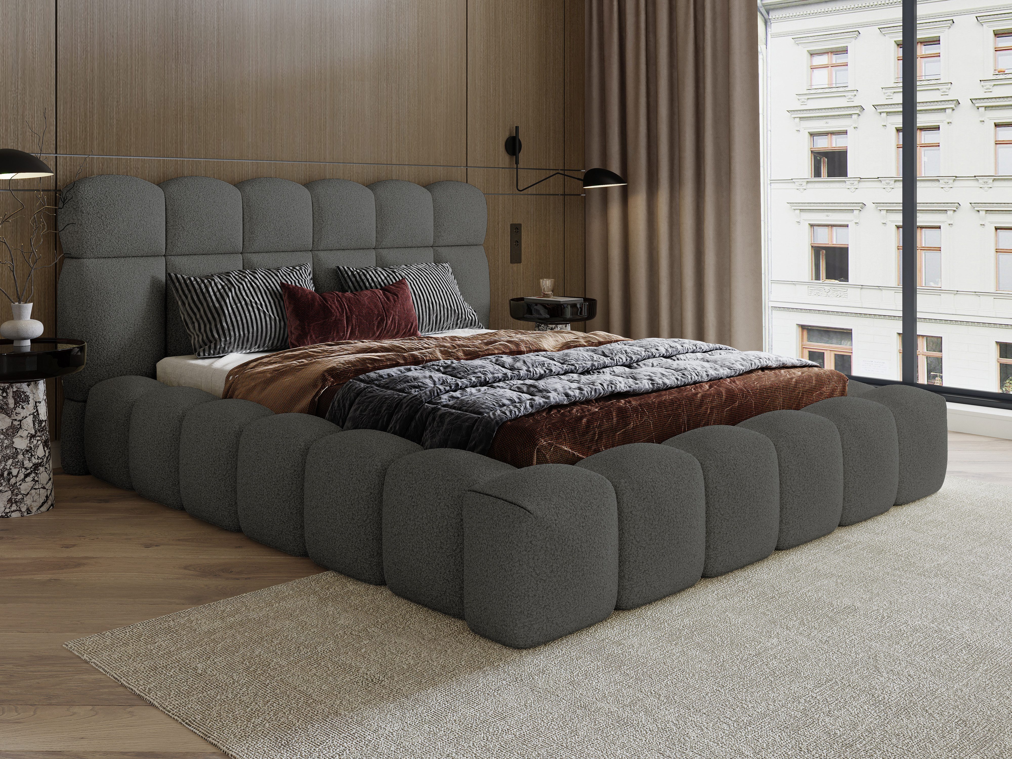 wonello Polsterbett Mira XL (das Original), Bett mit Bettkasten und Lattenrost – eleganter Boucle-Stoff