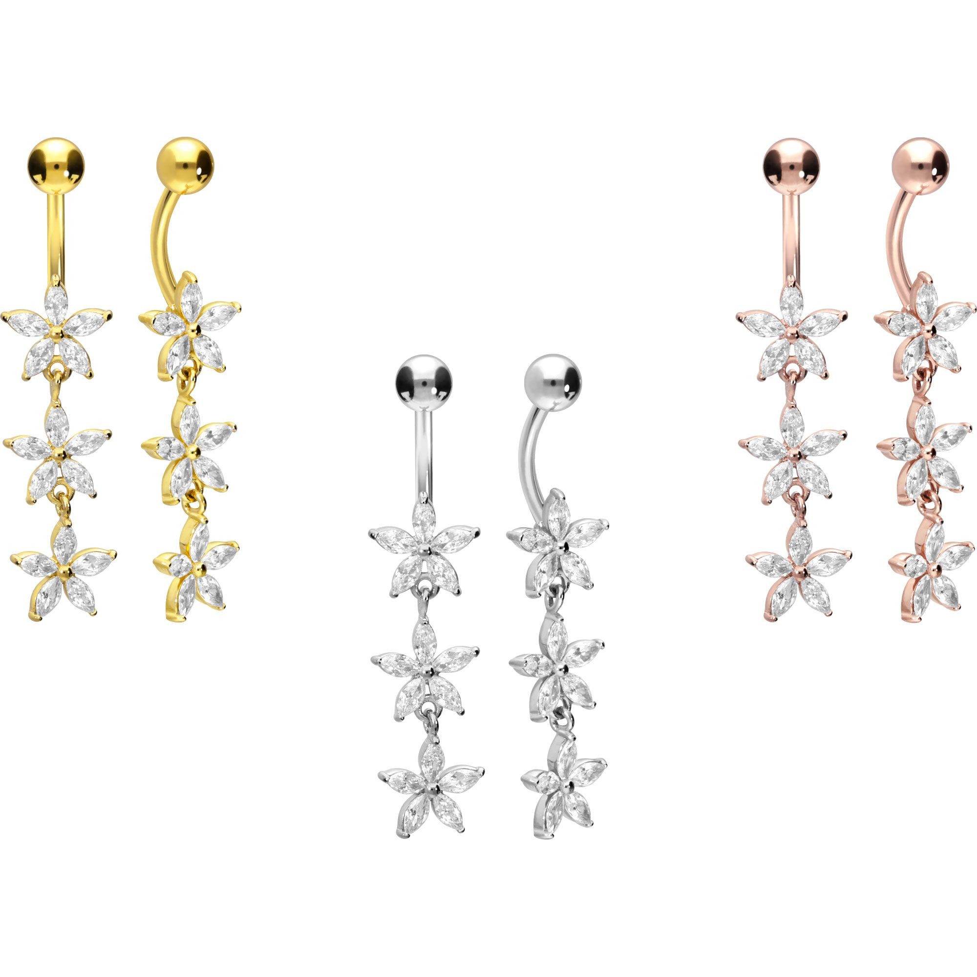 PIERCINGLINE Bauchnabelpiercing Chirurgenstahl Bananabell 3 KLEINE KRISTALLBLUMEN (Bananabells, 1-tlg)