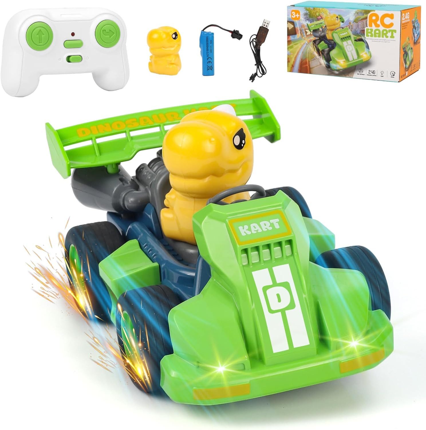 Gaethra RC-Auto Ferngesteuertes Dinosaurierauto mit Musik, Licht & 360° Drehfunktion (Einzelfahrzeug mit Fernbedienung und Zubehör, RC-Dinosaurierauto mit Fernbedienung, Akku, USB-Kabel & Anleitung), 2,4 GHz Funksteuerung, Akku, kindgerechtes Dinosaurier-Design