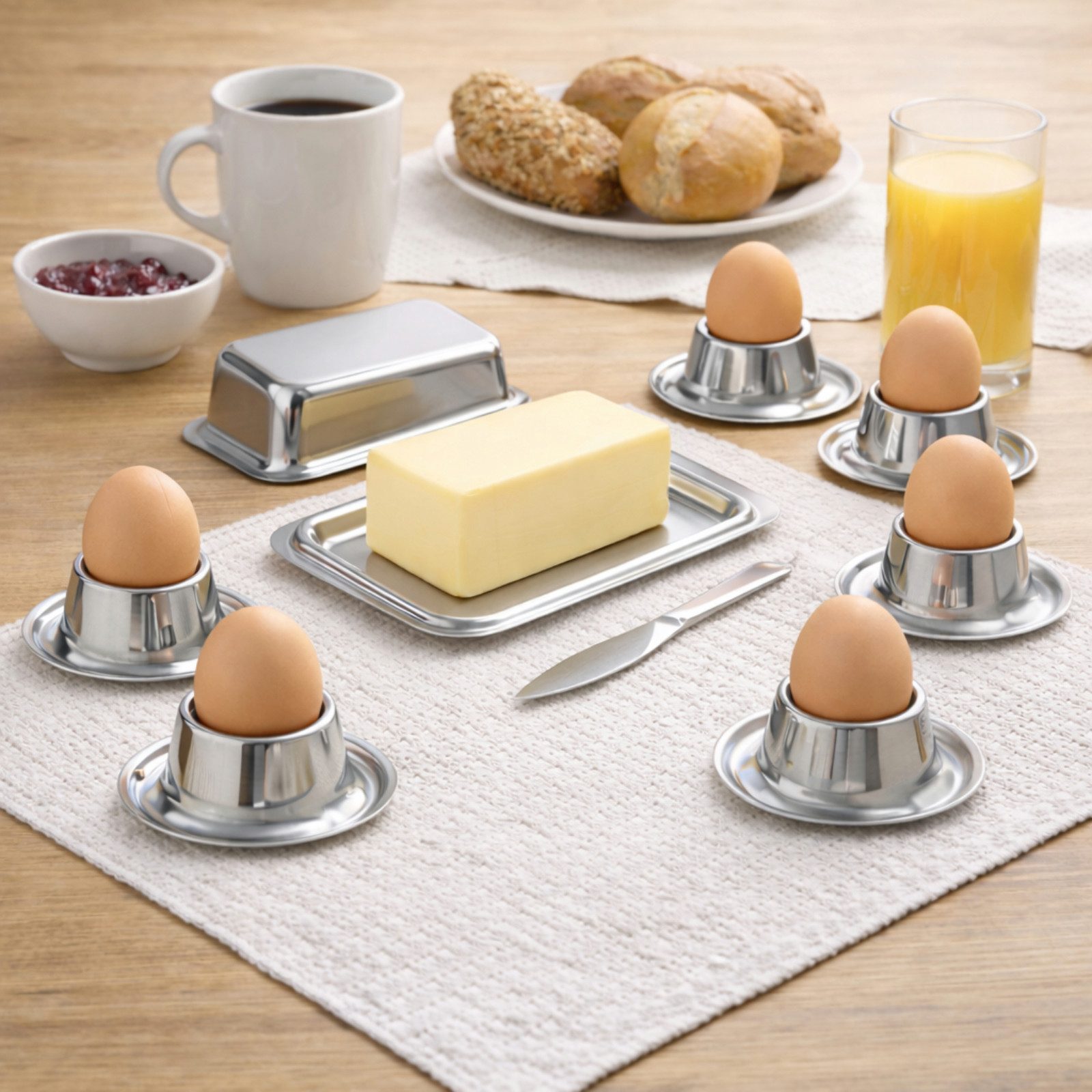 Koopman Frühstücks-Set Butterdose Eierbecher Butterbehälter Eier Butter Set Edelstahl 7tlg (7-tlg), 7-teilig, Dose mit Deckel, Edelstahl, stapelbar, Ø 8cm