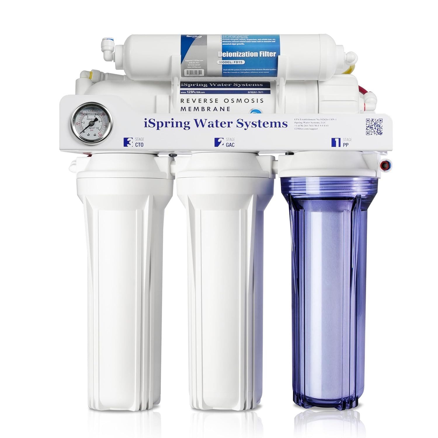 iSpring Wasserfilter RCC1D 5-Stufen RO/DI-System, 568 L/Tag, tanklos, 0-1 TDS, für Aquarien & Labore