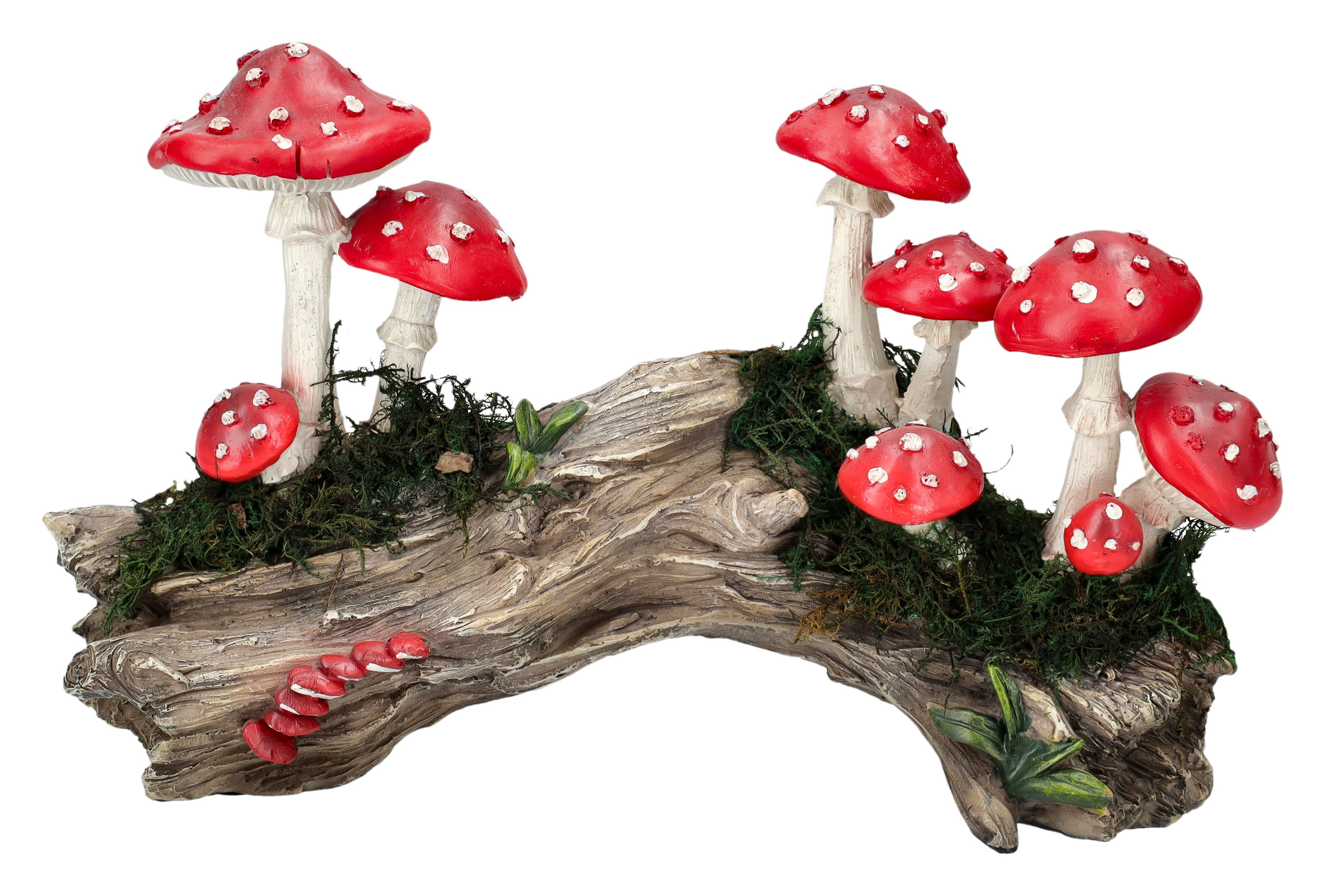 Figuren Shop GmbH Gartenfigur Pilzfigur Deko – Fliegenpilze auf Baumstamm Gartenfigur 23 cm Deko