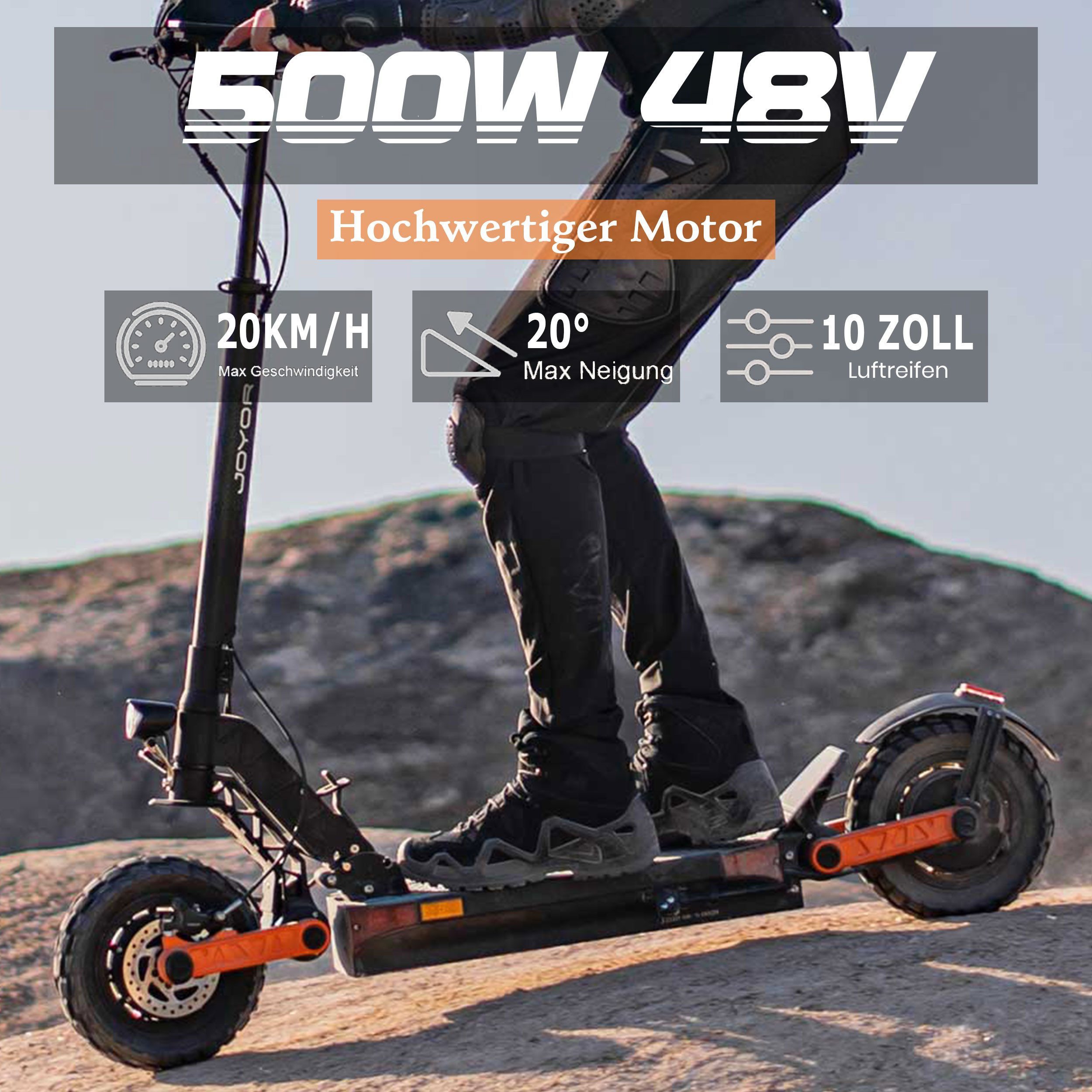 JOYOR E-Scooter 10*3 Zoll Offroad Elektroroller für Gelände mit ABE, 500,00 W, 20 km/h, bis zu 45 km Reichweite, Doppelfederungssystem