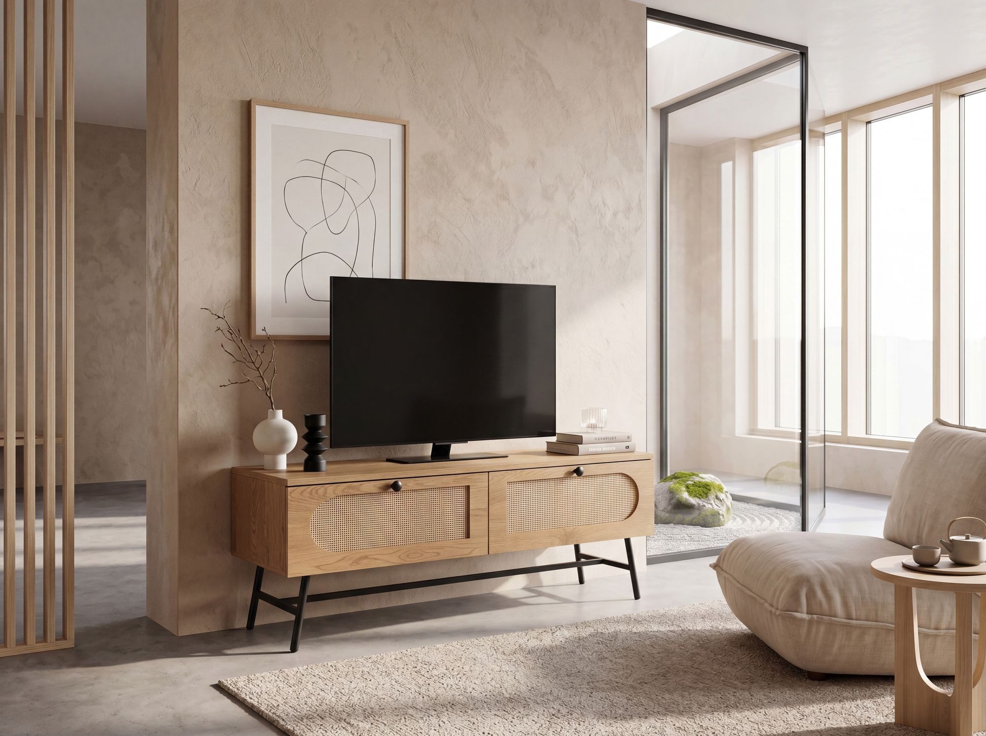 FineBuy Lowboard 100x45x40 cm TV-Kommode mit Eiche-Dekor & Rattan, Design TV-Schrank Hoch mit Schubladen, Fernsehtisch Fernsehschrank, Fernsehkommode Wohnzimmer – Bild 4 von 5