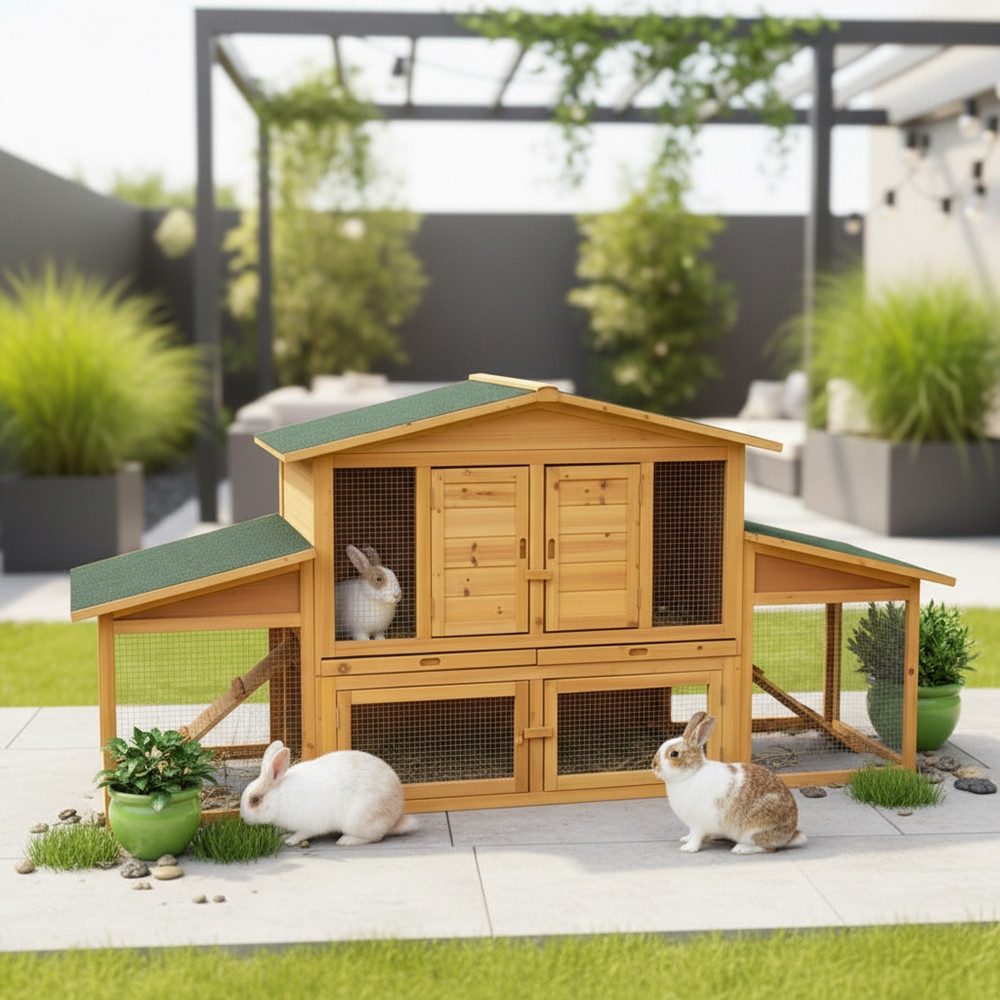 Melko Kleintierstall Hasenkäfig Hasenstall Holz Freilauf Freigehege Kleintierstall Käfig, 2 Rampen & 2 Schubladen