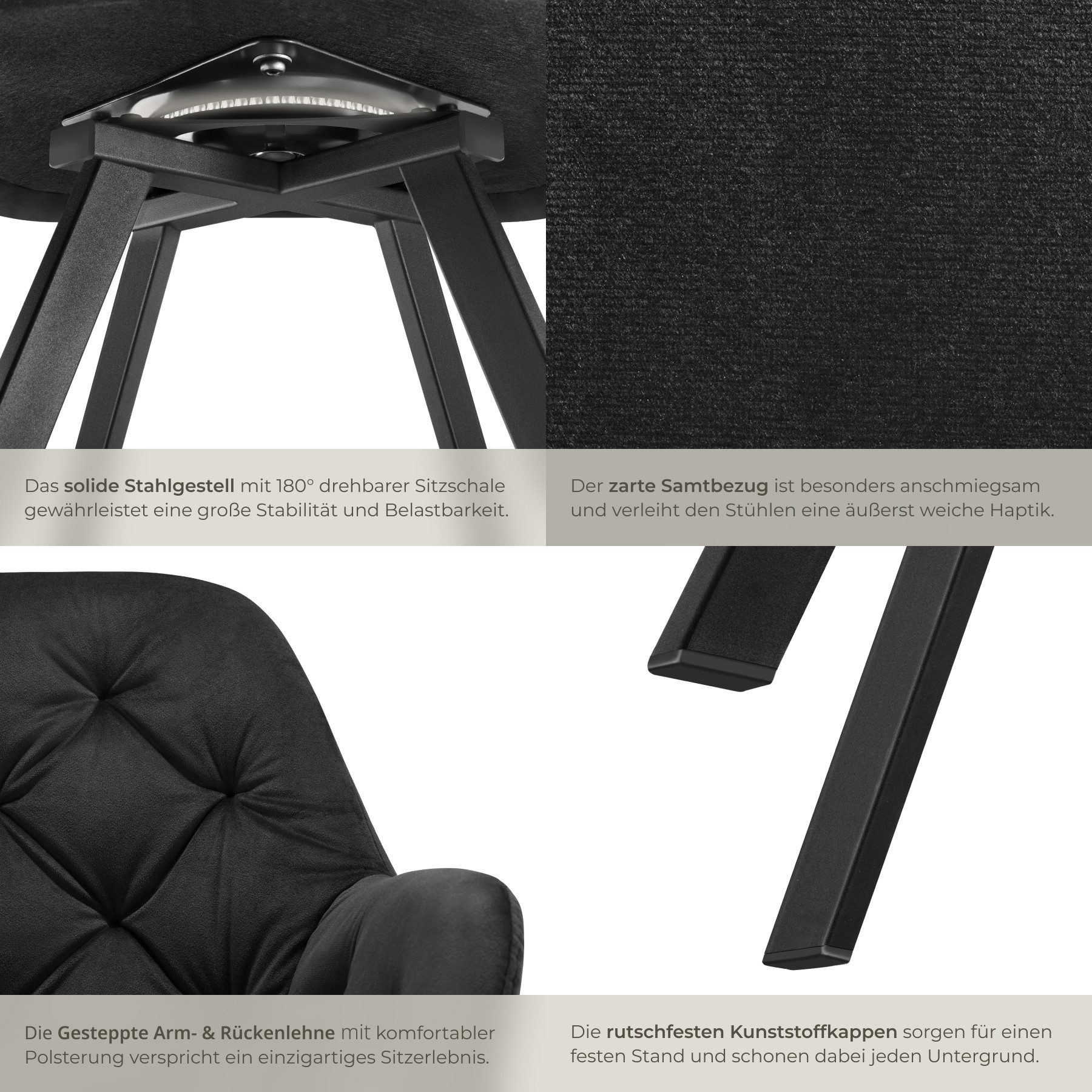 tectake Esszimmerstuhl Samt-Armlehnstuhl gepolstert, mit Steppmuster, 58 x 58 x 87 cm (Bürostuhl Lucia in schwarz, 2 St), 180° drehbar, Stahlbeine, bodenschonen – Bild 5 von 5