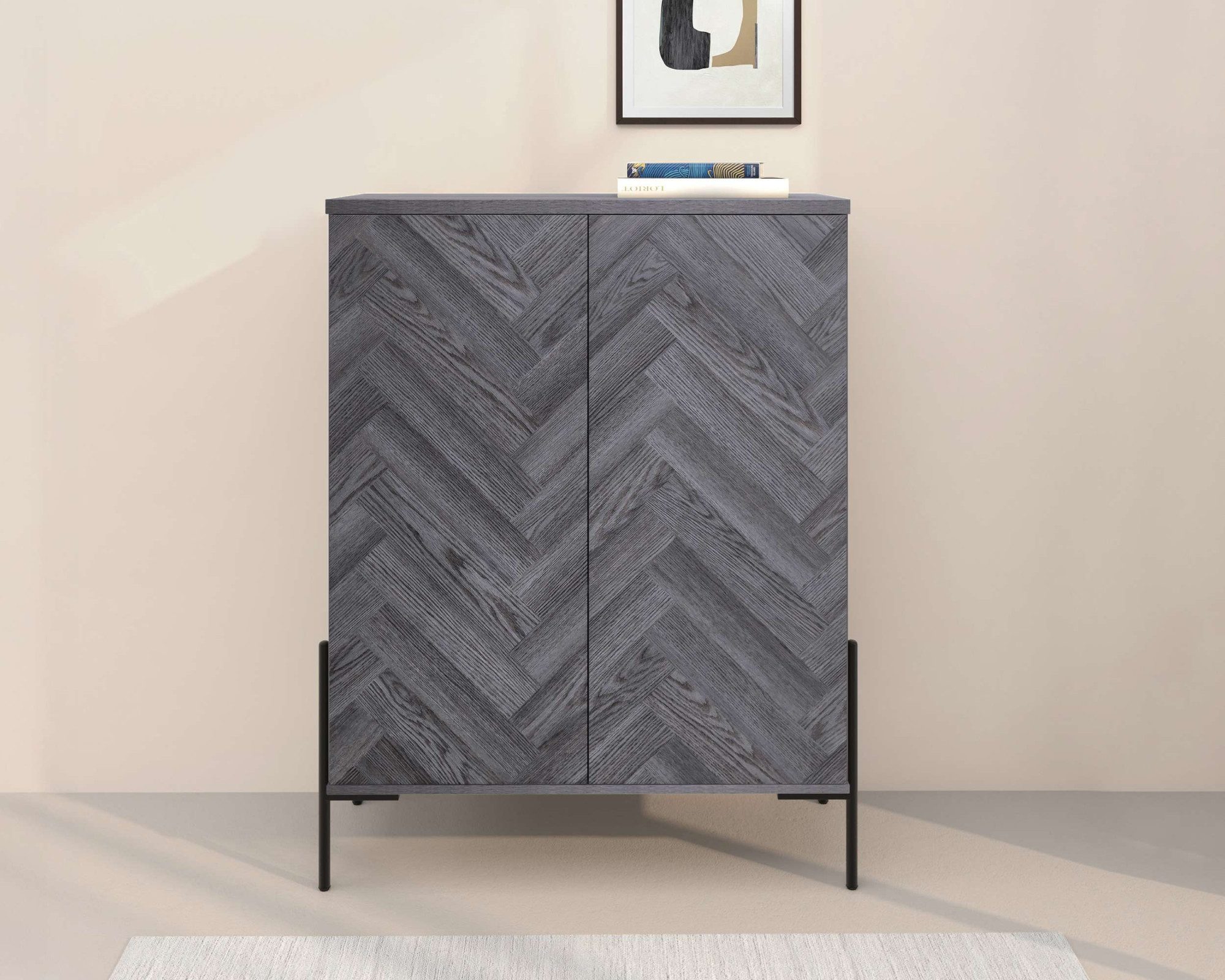 Leonique Highboard Eadwine, Kommode, Midischrank, Push-to-open, Türen mit Fischgräten Muster