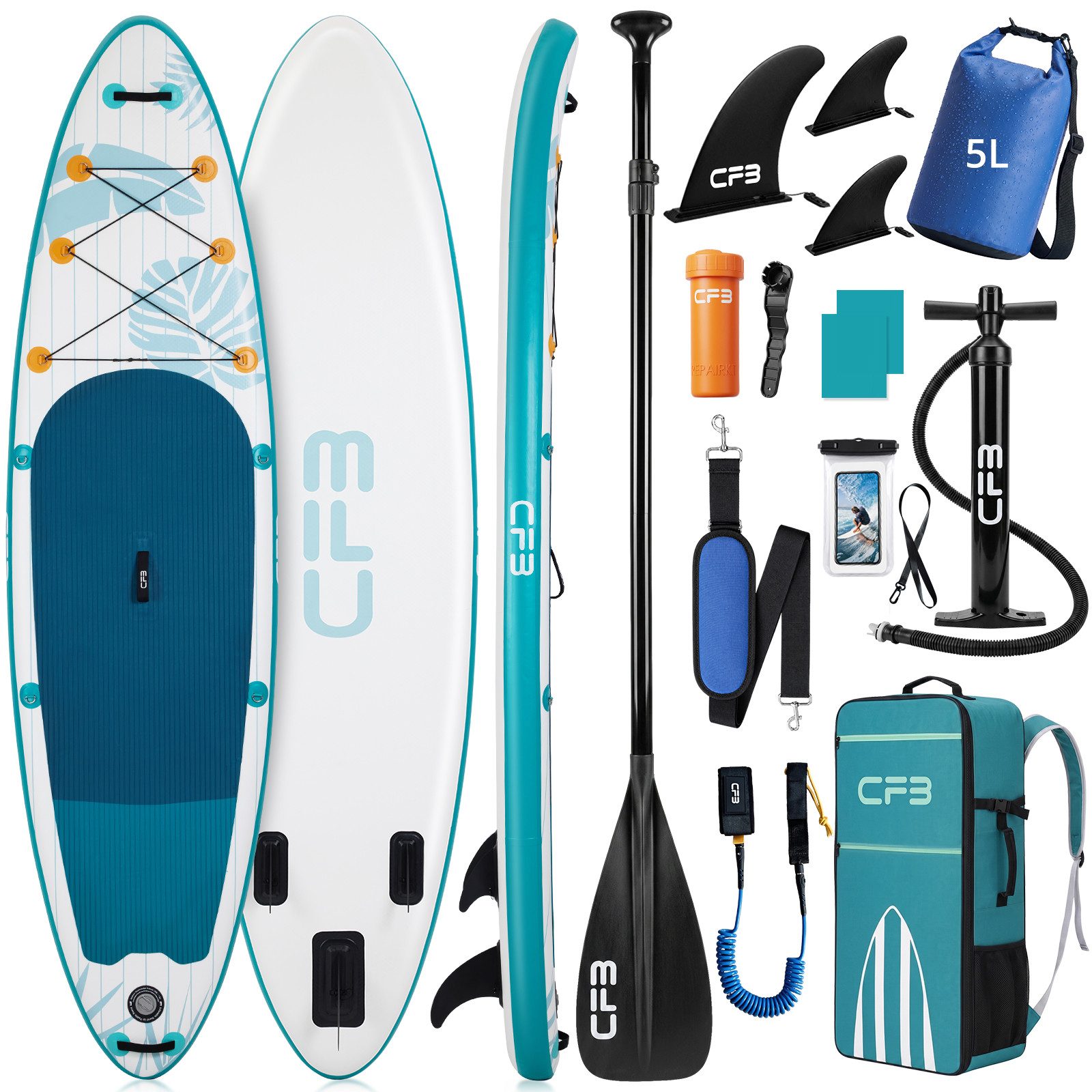 CFB SUP-Board Set 320/335 cm, extra breit, Komplettset, aufblasbares Stand Up Paddle Board, (mit Paddel, Pumpe, Rucksack, 5L Dry Bag und Schultergurt)
