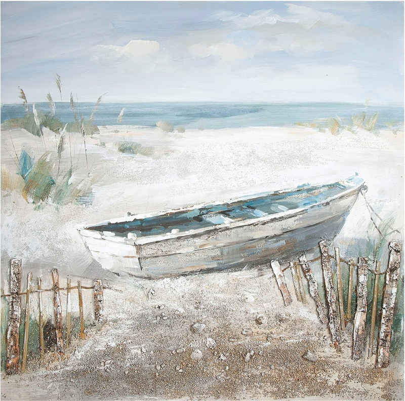 GILDE Leinwandbild »Gemälde Boot am Strand«, (1 Stück), handgemalt, 100x100 cm, Motiv Strandlandschaft, maritim, dekorativ im Wohnzimmer & Schlafzimmer