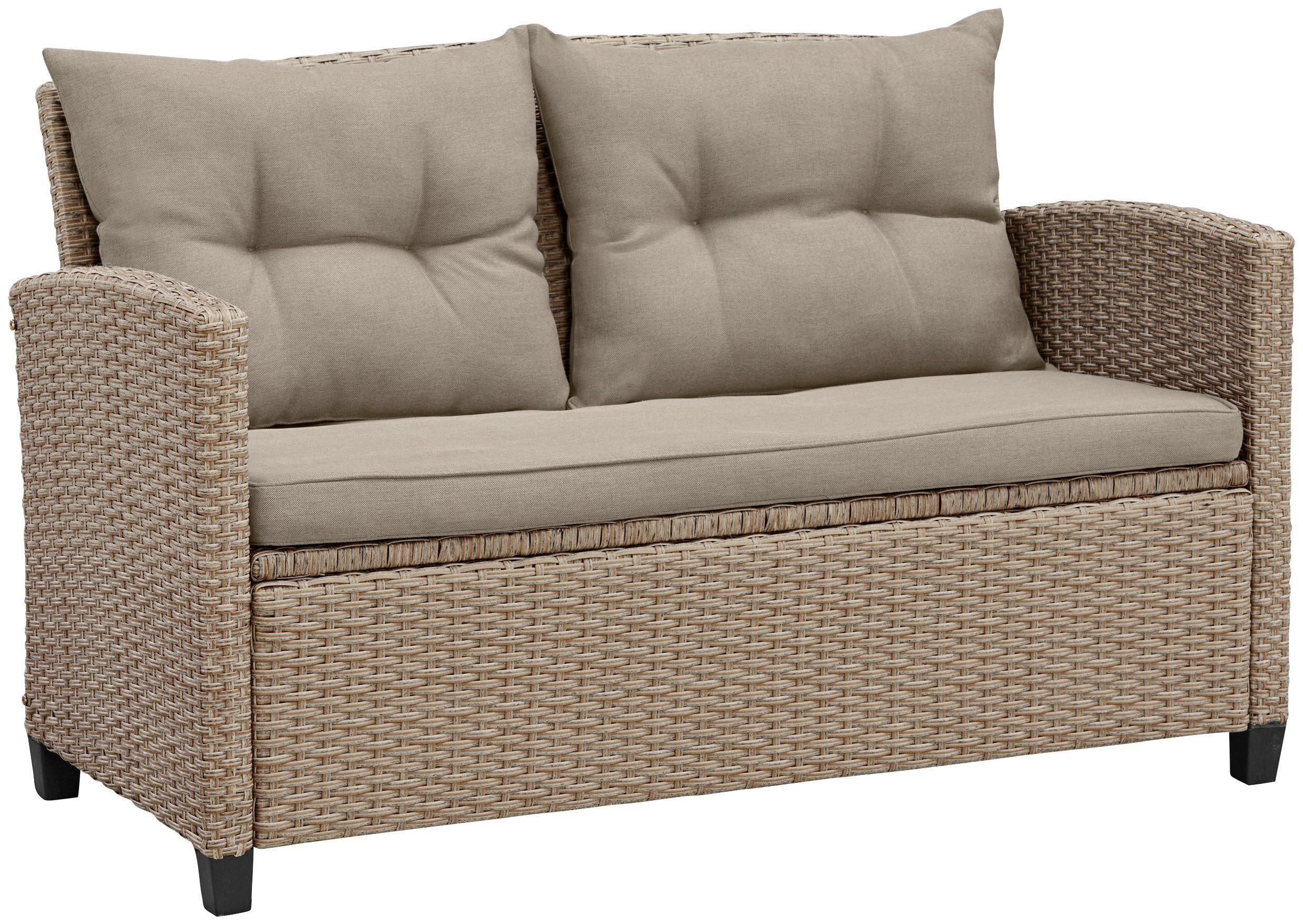 KONIFERA Gartenlounge-Set Lorca, (Set, 16-tlg., 2xSessel,2er Sofa,1xTisch 90x55x42,5cm,2x Hocker inkl. Auflagen, Stahl), Polyrattan, Ablagefläche unter dem Tisch, Tischplatte aus Nonwood