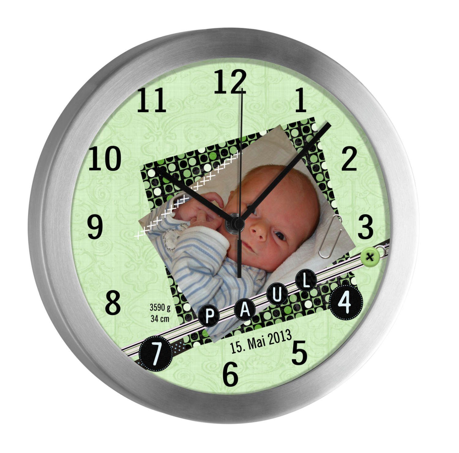 CreaDesign Funkwanduhr Kinderzimmer Kinder Wanduhr Scrapbooking grün personalisiert