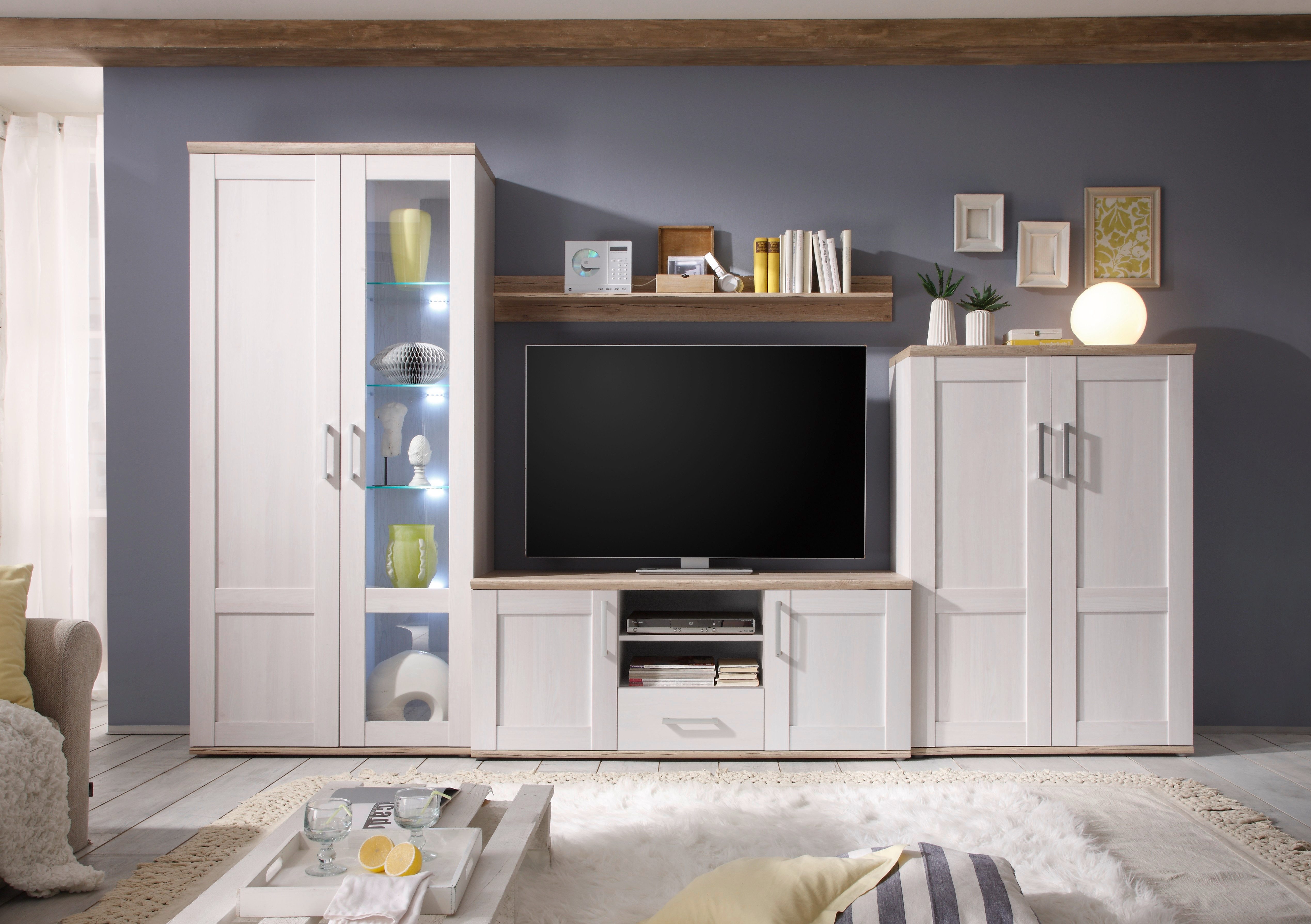 HBZ Wohnwand Romance Landhaustil inkl. LED-Beleuchtung,BxHxT 329x200x50 cm, (Set, 4-St), Mit Vitrine inkl.LED-Beleuchtung, Lowboard, Wandboard, Highboard