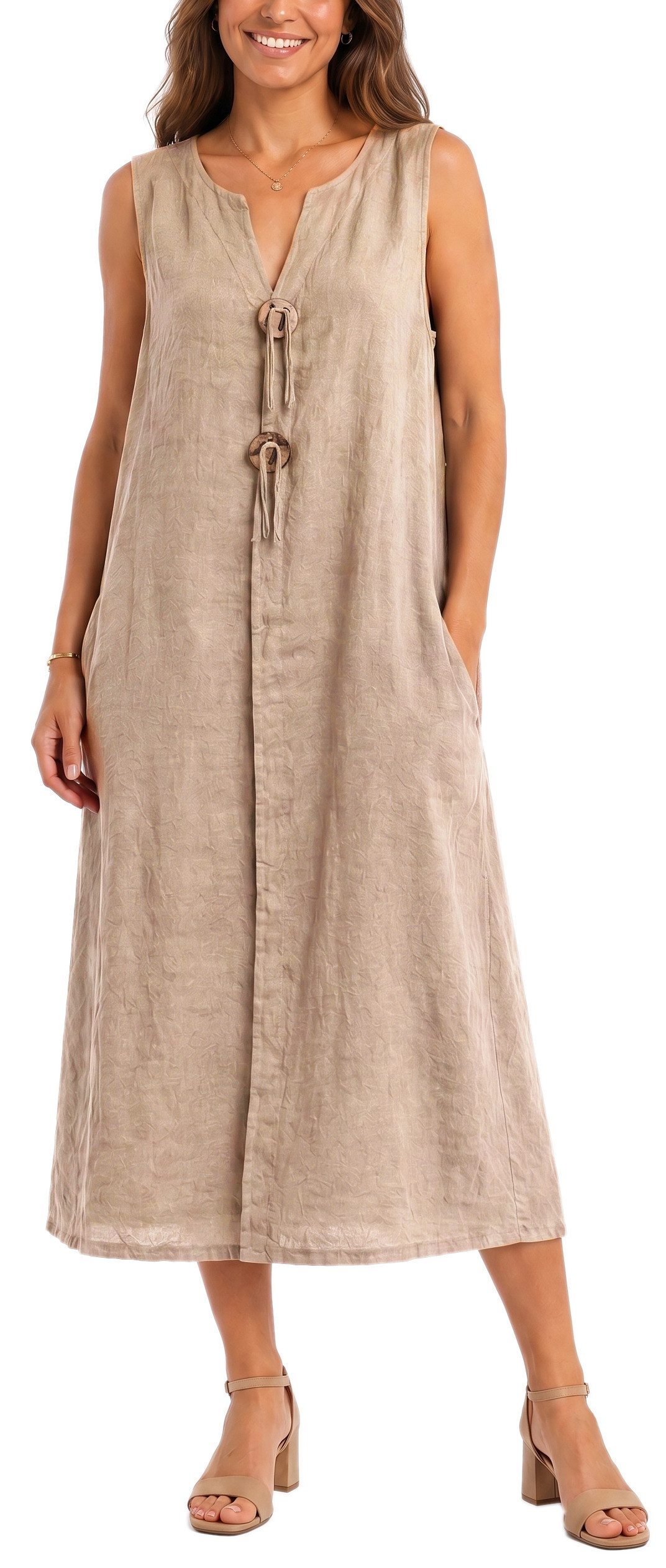 dy_mode Sommerkleid Damen Leinenkleid Luftiges Maxi Sommerkleid Strandkleid Damenkleid in Unifarbe, V-Ausschnitt, mit seitlichen Eingriffstaschen