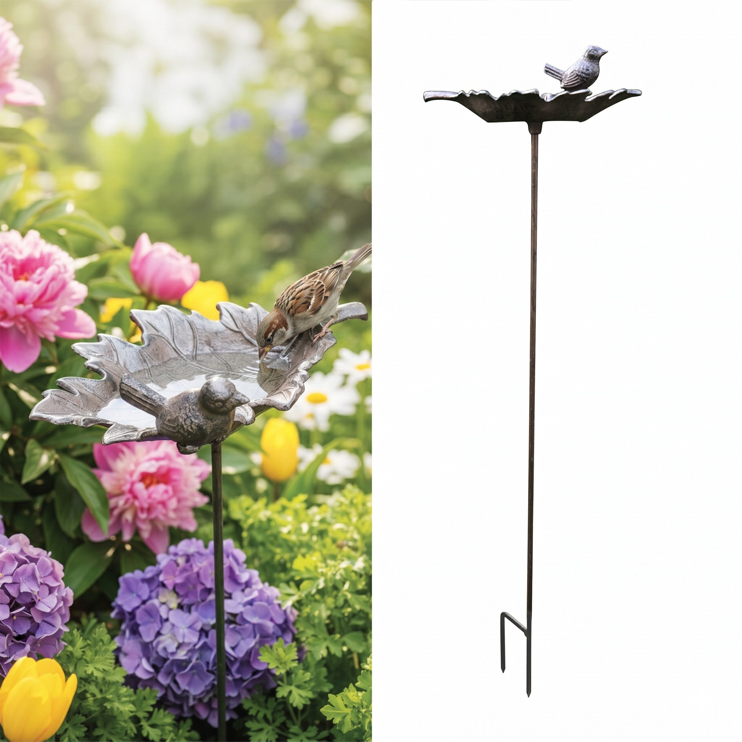 relaxdays Vogeltränke Stehende Vogeltränke aus Gusseisen, A