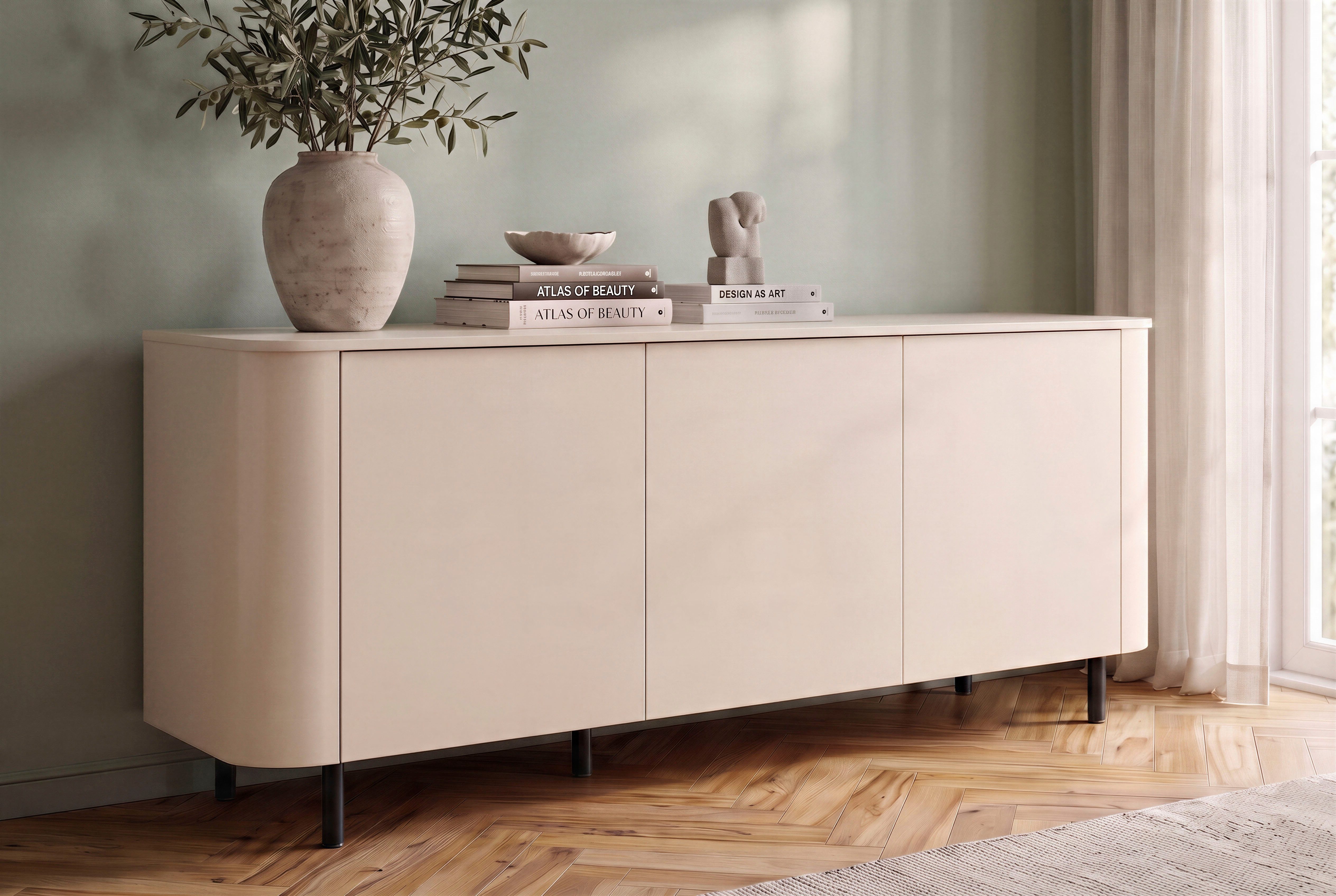 OTTO home Sideboard Lido, 181 cm breit, 3 Türen, Anrichte, Kommode, Stauraumschrank, Formgebogenes MDF, Stirnseiten mit Rundung, Push-to-open, Metallfüße