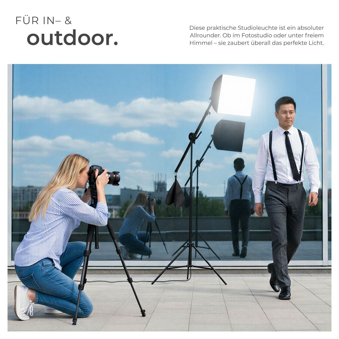 tectake Aluminium Studioleuchte Studio-Stativ-Blitz, (mit Softbox und ausziehbarem Galgenstativ)