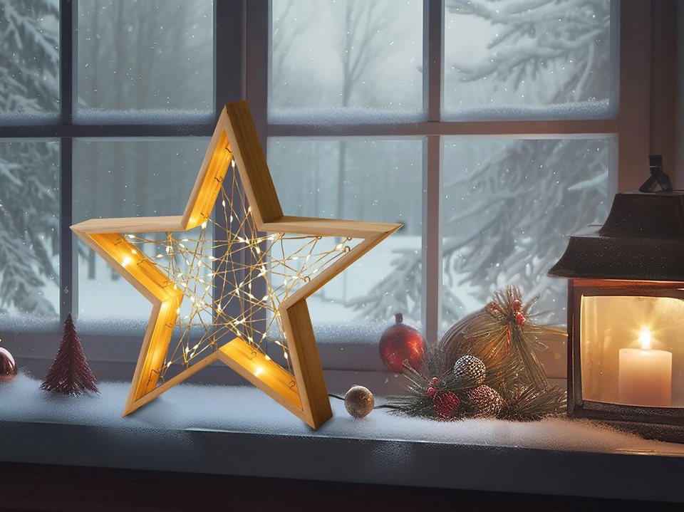 IC Winterworld LED Stern LED Stern oder Tanne aus FSC Holz mit 60er  Lichterkette beleuchtet, LED fest integriert, warm-weiß, moderne  Weihnachtsdeko zum hinstellen, batteriebetrieben, Timer