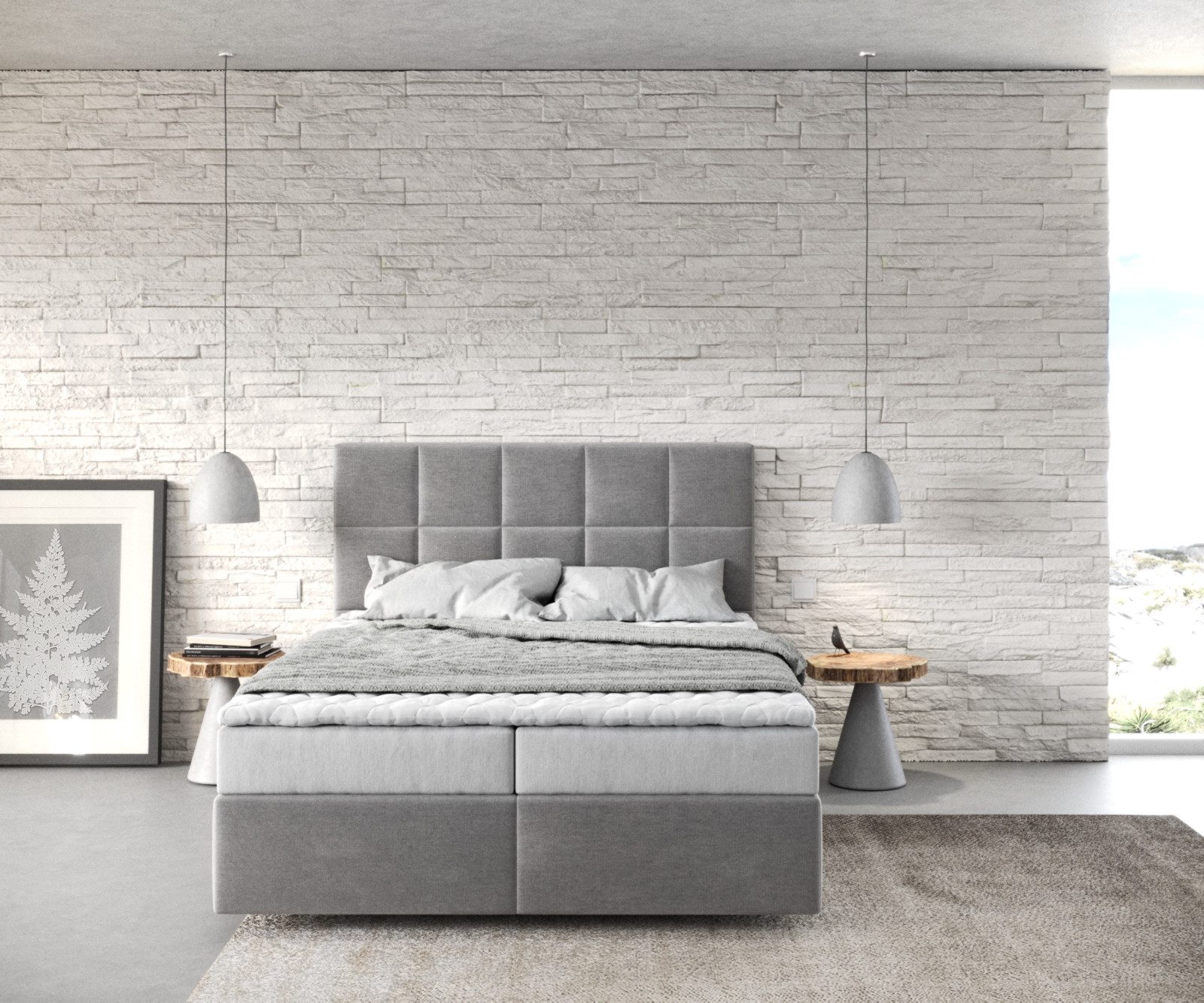 DELIFE Boxspringbett Dream-Fine, Mikrofaser Grau 140x200 cm mit Matratze und Topper