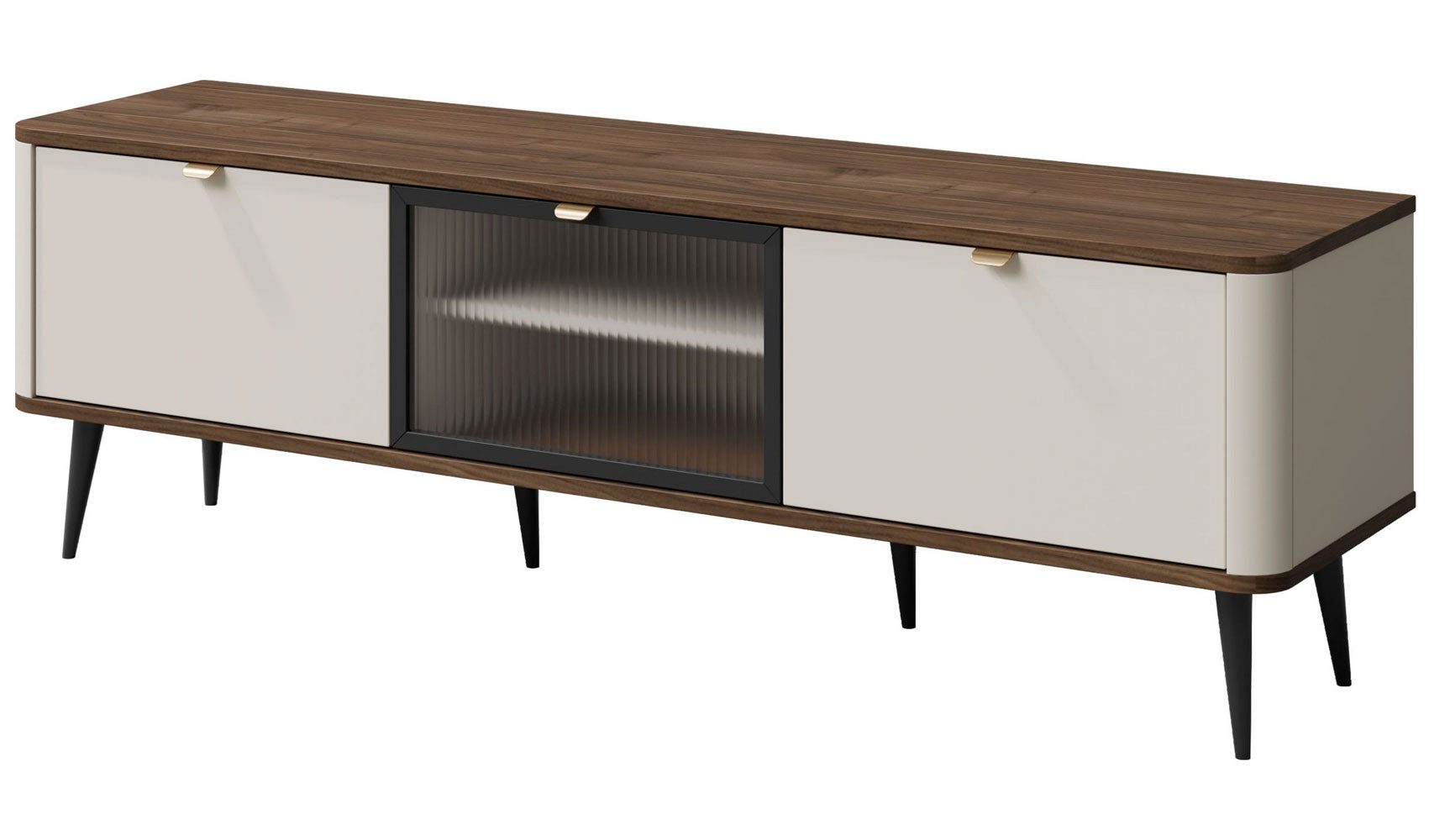 Feldmann-Wohnen Lowboard Marly (mit 1 Glastür, 2 Holztür, 3 Einlegeböden, 1 St., moderne Optik, abgerundeter Korpus, Zugengriffe aus Metall), 160x40x52cm Kaschmir / Walnuss