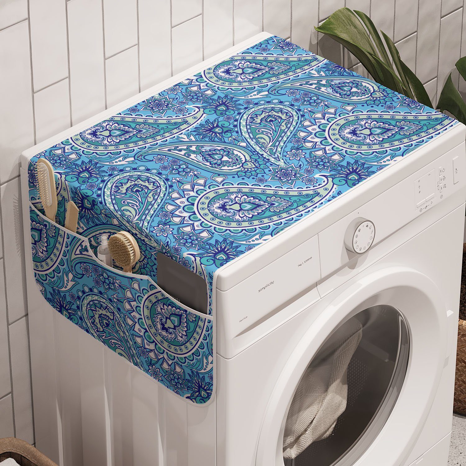 Abakuhaus Badorganizer Anti-Rutsch-Stoffabdeckung für Waschmaschine und Trockner, blau Paisley Ethnical Blumen-Kunst | Bad-Organizer