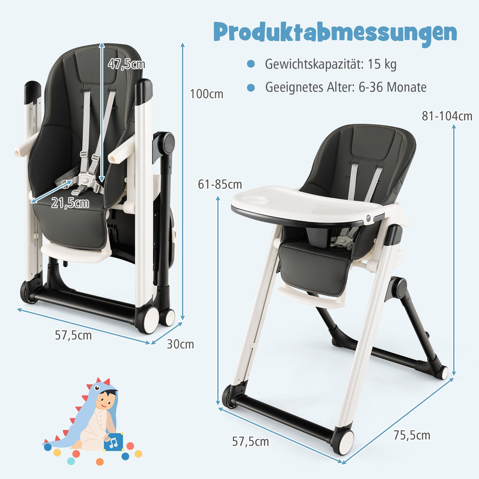 COSTWAY high chair, foldable, with adjustable backrest & removable trays