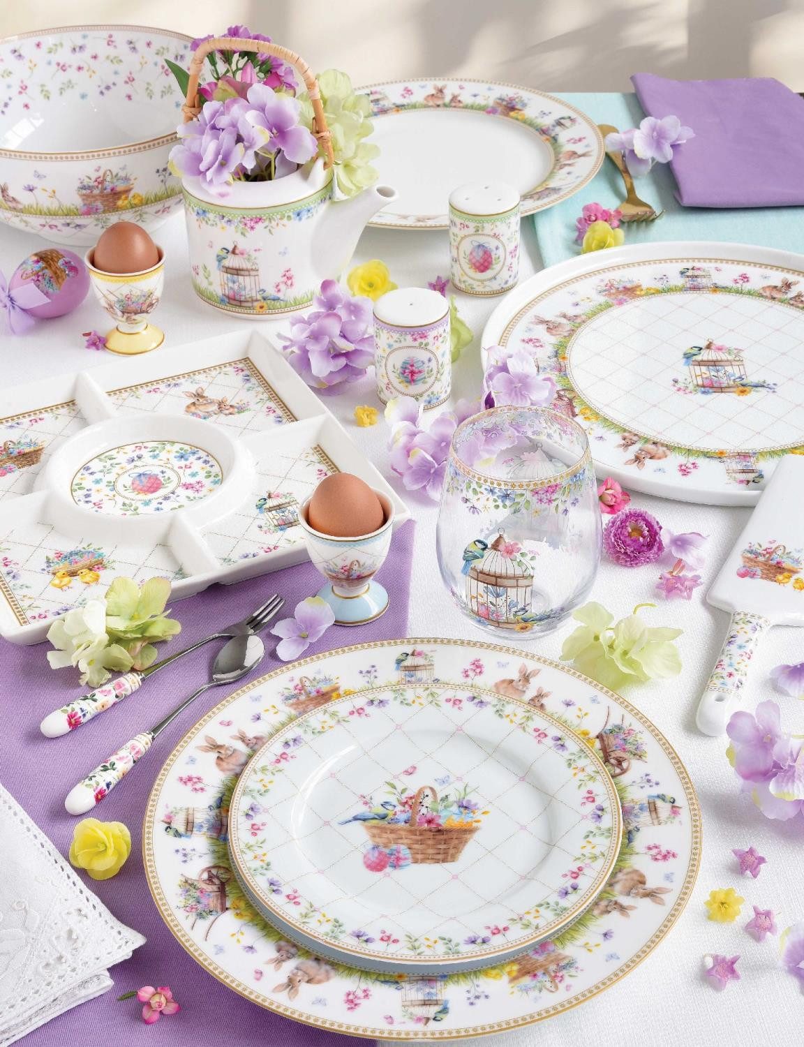 EasyLife Platzset Spring Bloom, Farbe: Mehrfarbig, Motiv: Hasen & Blumenkörbe