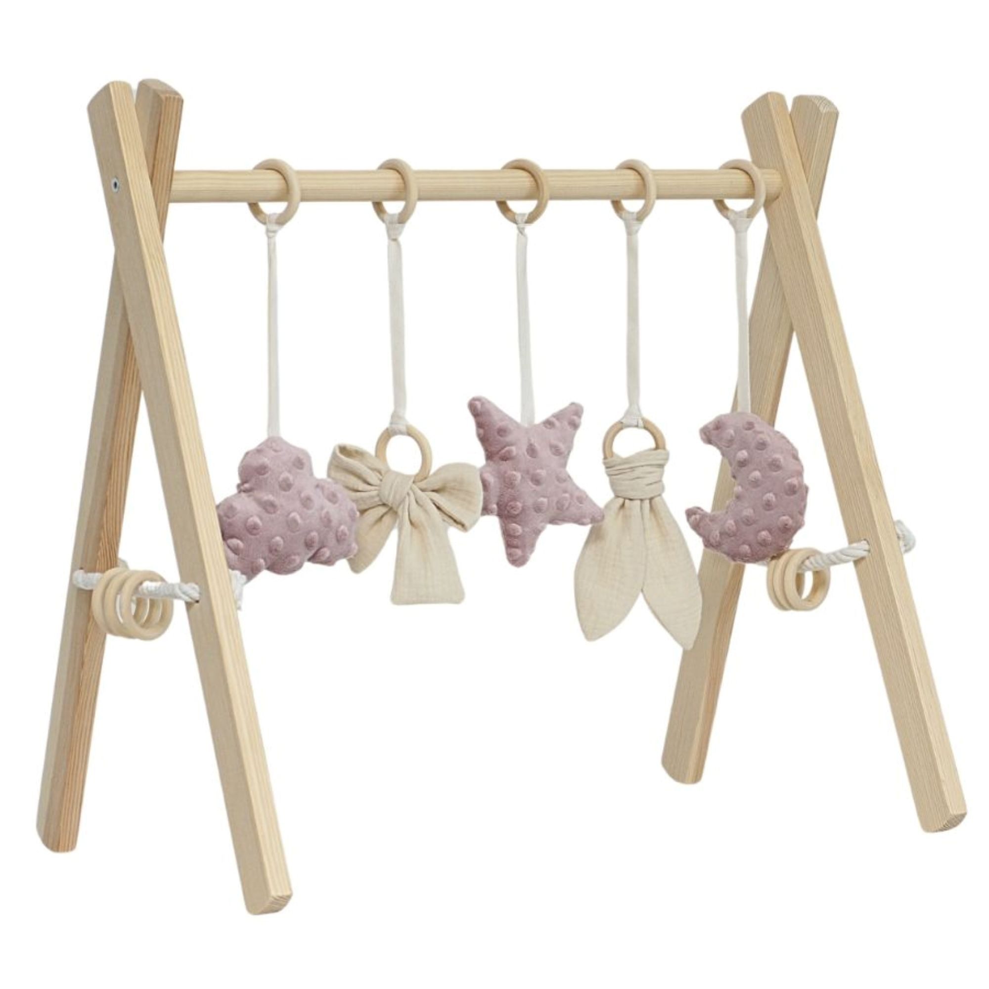 LuMali Baby Gym Holz Spielbogen klappbar 5 Spielzeuge 41x58x49cm Naturholz Kiefer, Spieltrapez Neugeborene sensorisch handgemacht faltbar leicht Geschenk