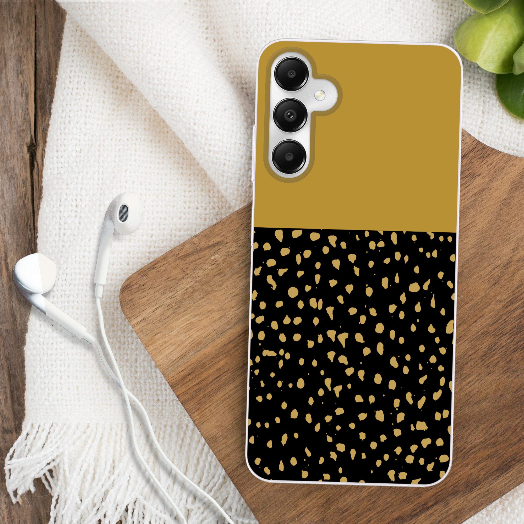 MuchoWow Handyhülle für Samsung Galaxy A05s Polka dots - Ockergelb - Schwarz, Smartphone-Bumper, Print, Handy Schutzhülle Dünn