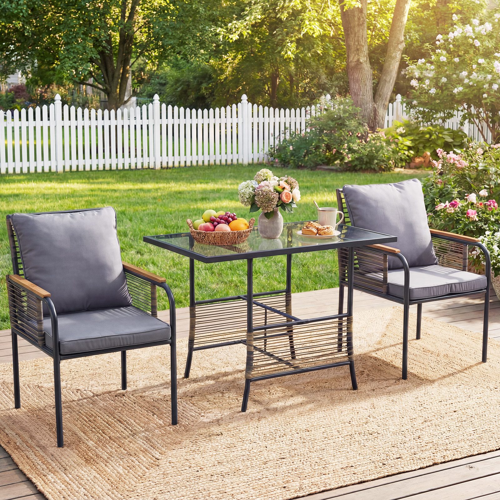 COSTWAY Balkonset, (3-tlg), Garten-Lounge-Set aus Rattan, mit Kissen