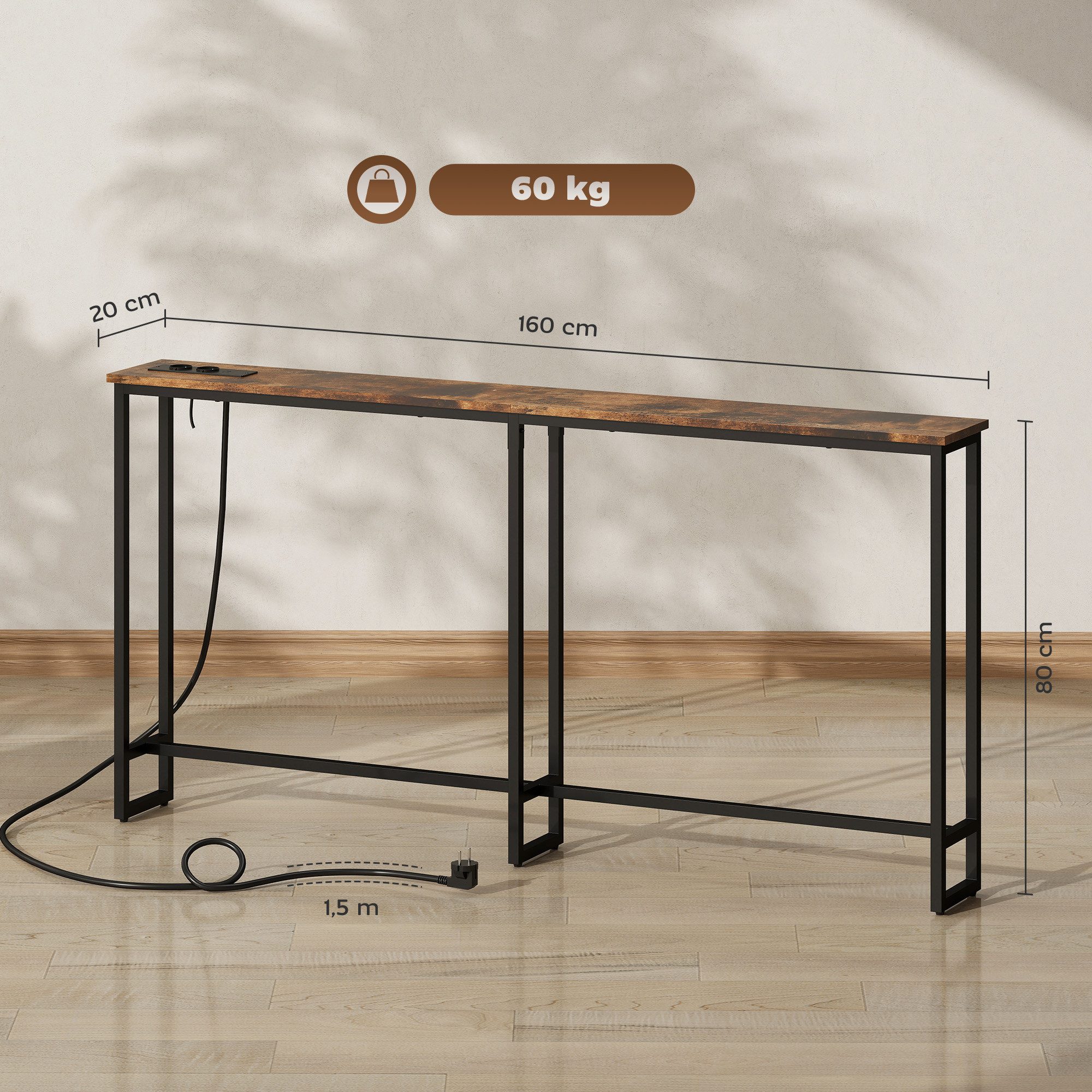 HOMCOM Konsolentisch Schmaler Sofatisch mit Ladestation, 160 cm lang (mit Stahlrahmen, 1-St., für Flur, Eingangsbereich, Wohnzimmer), rustikales Braun