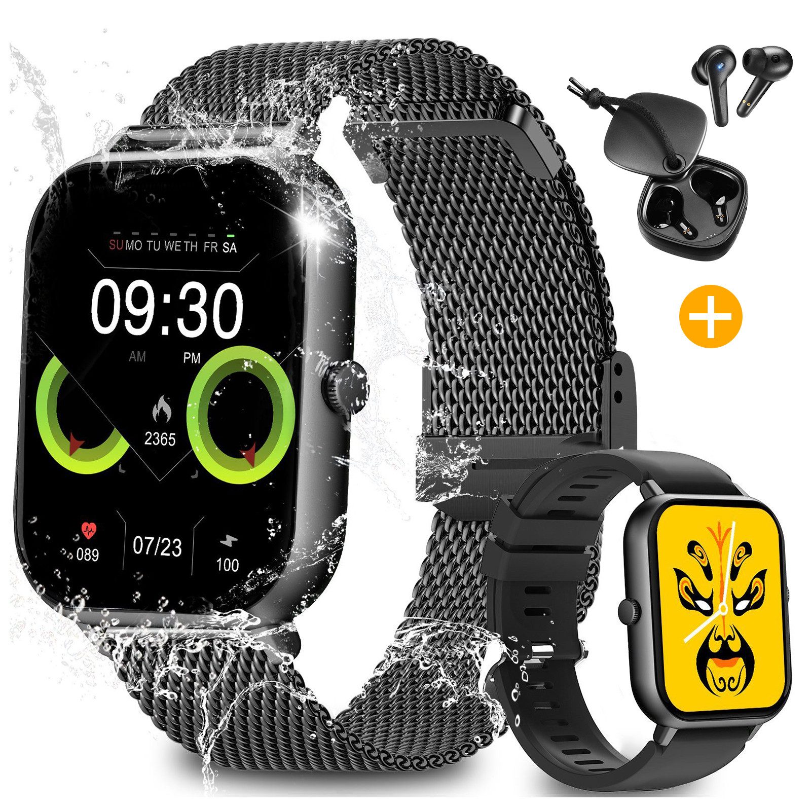 Yuede Smartwatch, Fitness Tracker uhr mit Anruffunktion für Damen und Herren Smartwatch (Quadratischer 1,85%27%27-Voll-Touch-Farbdisplay Zoll Zoll) Bluetooth Kopfhörer mit Aktive Rauschunterdrückung(ANC) Combo Fitnessuhr mit Anruffunktion, Gesundheits-Smartwatch mit Blutsauerstoff, Blutdruckmessung, Herzfrequenz, Schlafqualität, Schrittzähler etc., IP67 wasserdichte Sportuhr mit mehr als 50 Sportmodi und Doppelriemen, für Android IOS