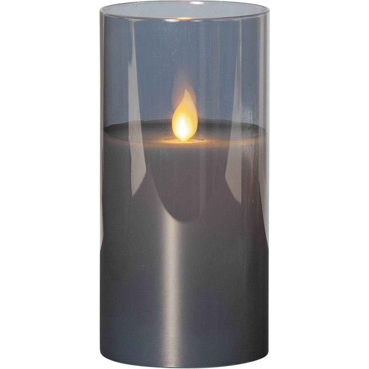 STAR TRADING LED-Kerze Windlicht im Glas Echtwachs flackernde Flamme Timer H: 15cm grau, LED Classic, warmweiß (2100K bis 3000K)