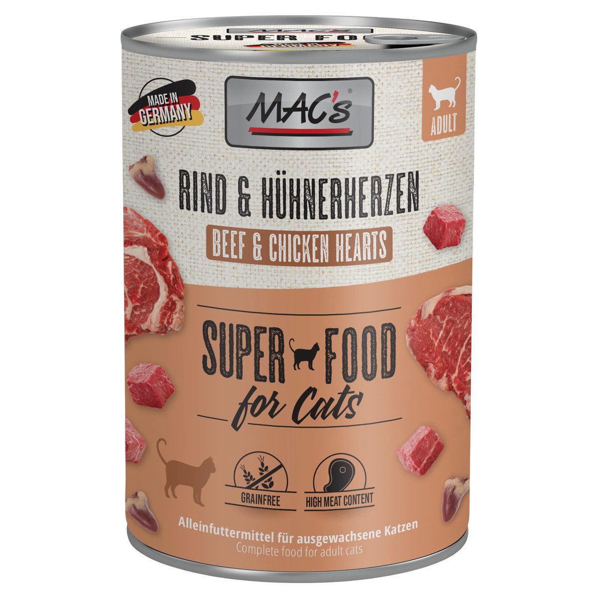 MAC'S Rind & Hühnerherzen 400 g - 6 Stück, Nassfutter für: Katze
