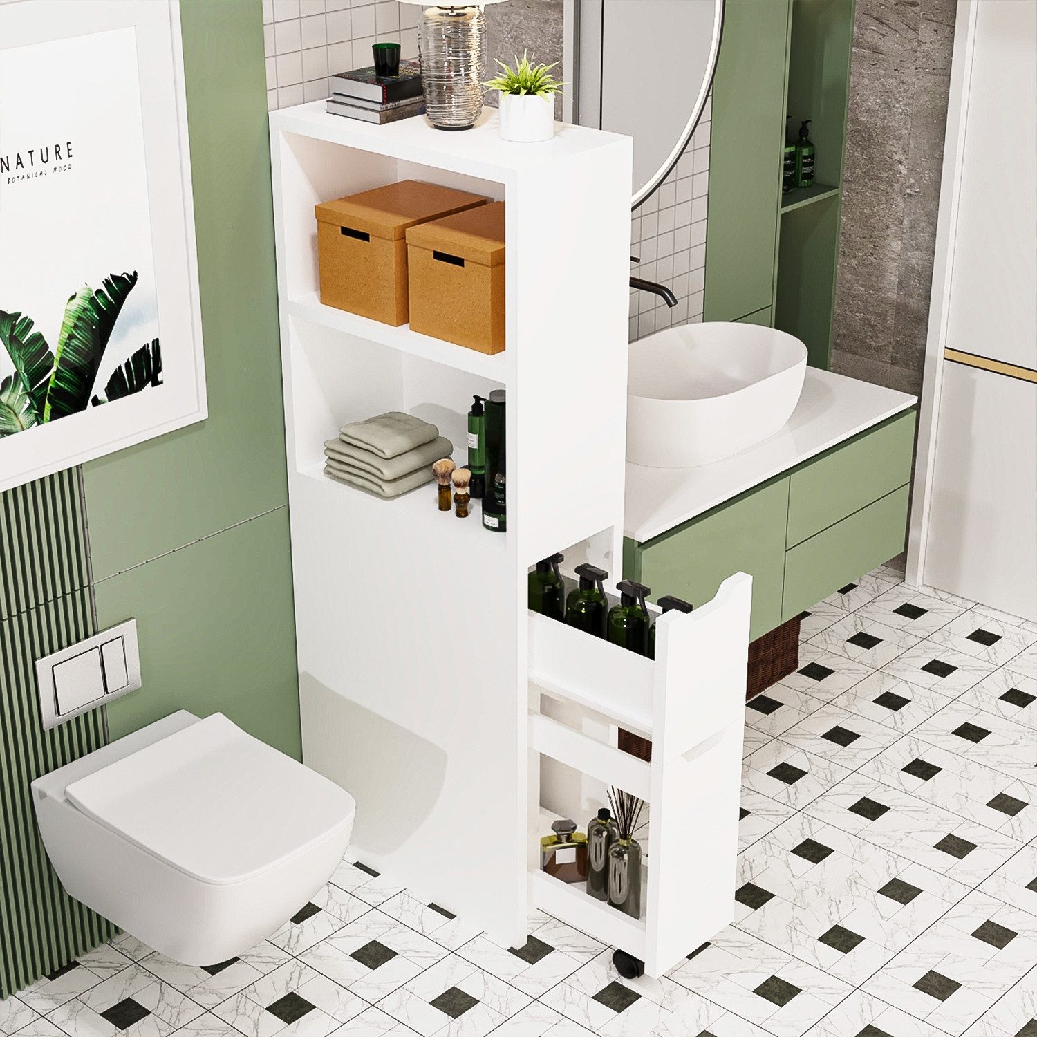 oyajia Badkommode Badezimmschrank mit Schubladen und höhenverstellbarer Ablage (mit 2 Schubladen), verstellbare Ablagen, offenes Fach