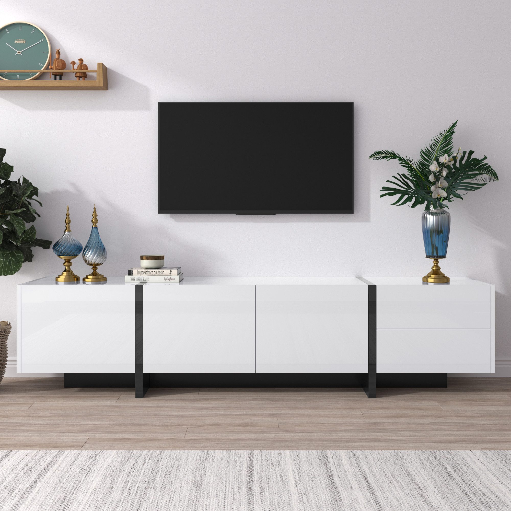 STILVORA Wohnzimmer-Set mit Schubladen,TV-Schrank Fernsehschrank mit Hochglanz,Schwarz+Weiß, (Mit farbblockierten Beinen in Hochglanz-Weiß und Schwarz, 1-St), Breite:190cm