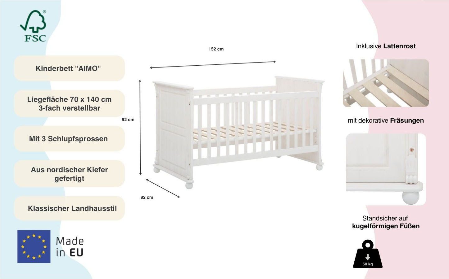 OTTO home Babybett Aimo. Landhausstil, mit Kassetten, stabile und hochwertige Qualität, aus Massivholz (Kiefer); FSC®-Holz zertifiziert