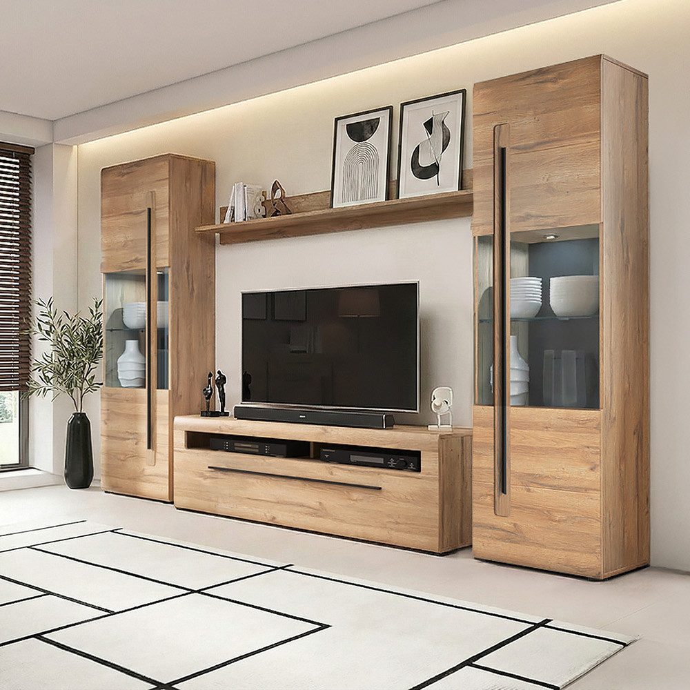 Lomadox Wohnwand TURDA-83, (4-St., Couchtisch Highboard Lowboard Sideboard Vitrine Wandregal), Eiche braun Metallgriffe inkl. LED Beleuchtung Softclose-Türen modern