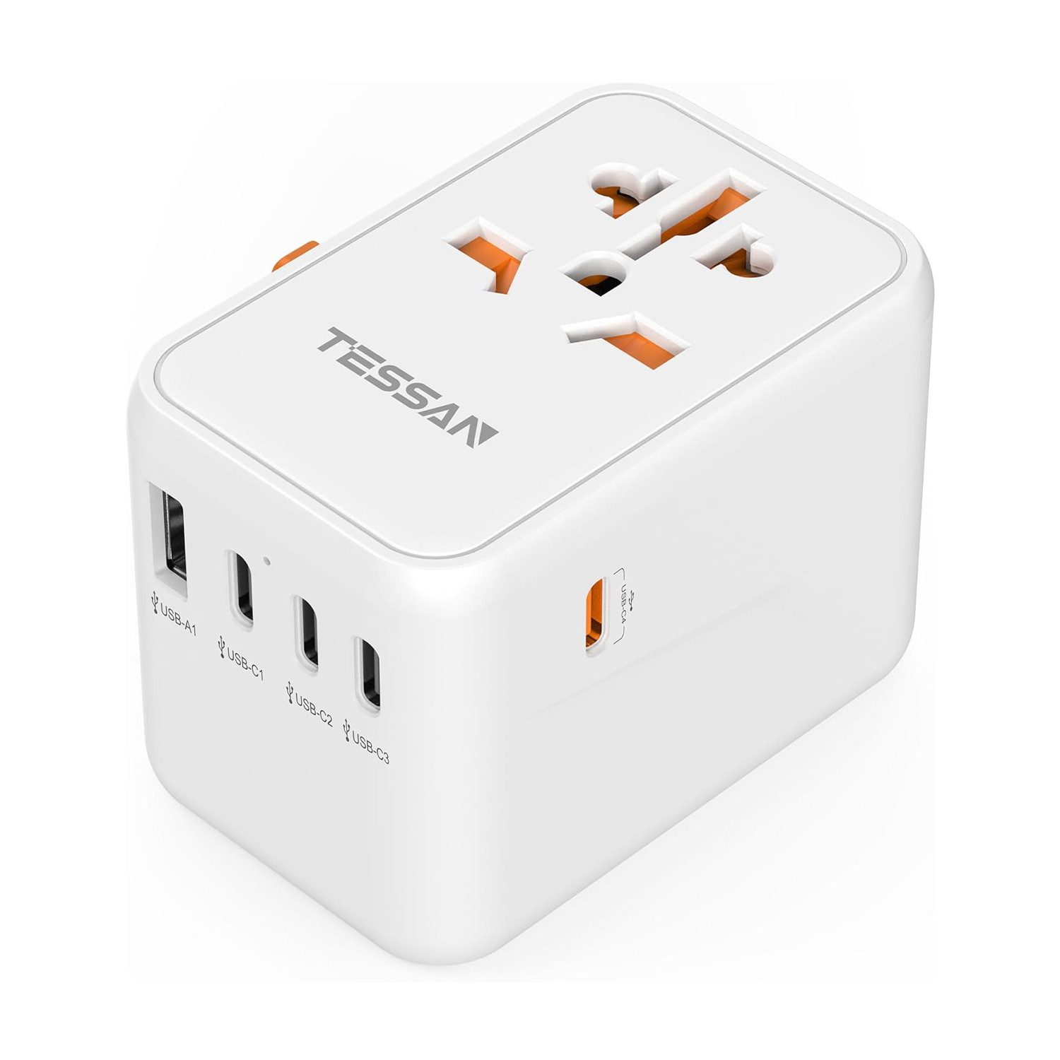 TESSAN Reiseadapter Weltweit 65W Ladegerät für Weltweit 200 Länder Reiseadapter AC Buchse, USB A, USB C zu US Plug(Typ A), UK Plug (Typ G), EU Plug (Typ C), AUS Plug (Typ I), Dieser Reiseadapter wird mit zwei Überlastsicherungen (10A) geliefert