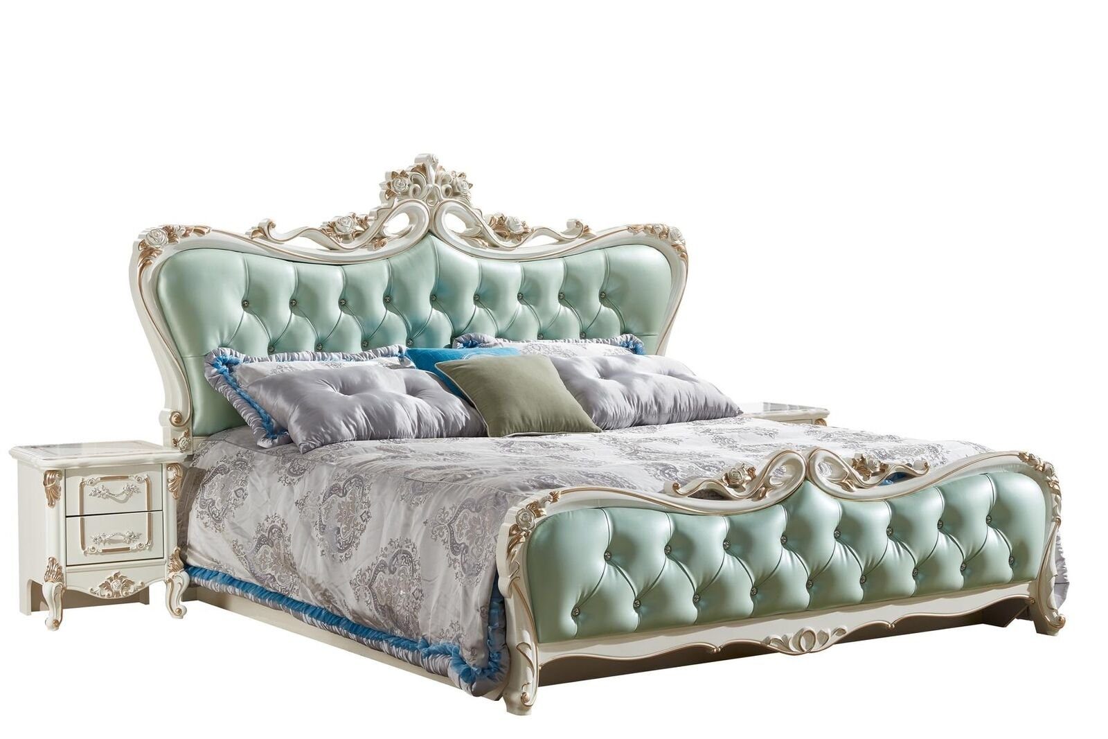 JVmoebel Betten Chesterfield-Knöpfen Blau Schlafzimmer Holzschnitzerei, Mit Design Bett), (Nur Bett Chesterfield Bett