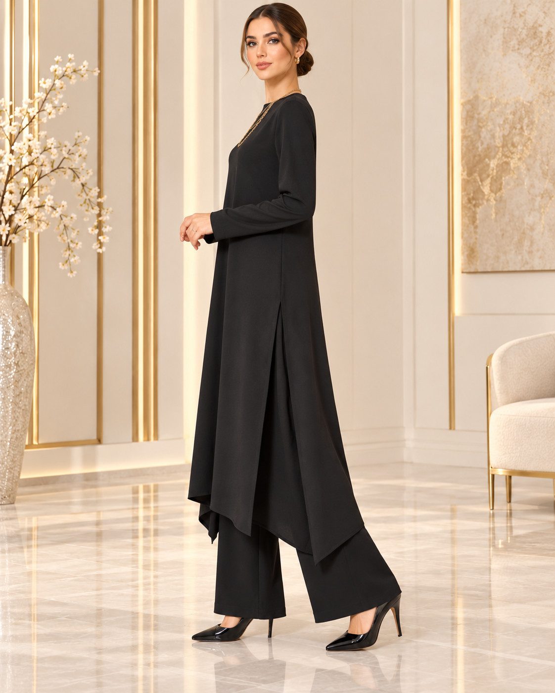 fashionshowcase Longtunika Damen Zweiteiler Set - Tunika & Palazzo-Hose Modest Fashion (SET, Zweiteiler) leichte und luftige Beschaffenheit – Bild 3 von 5