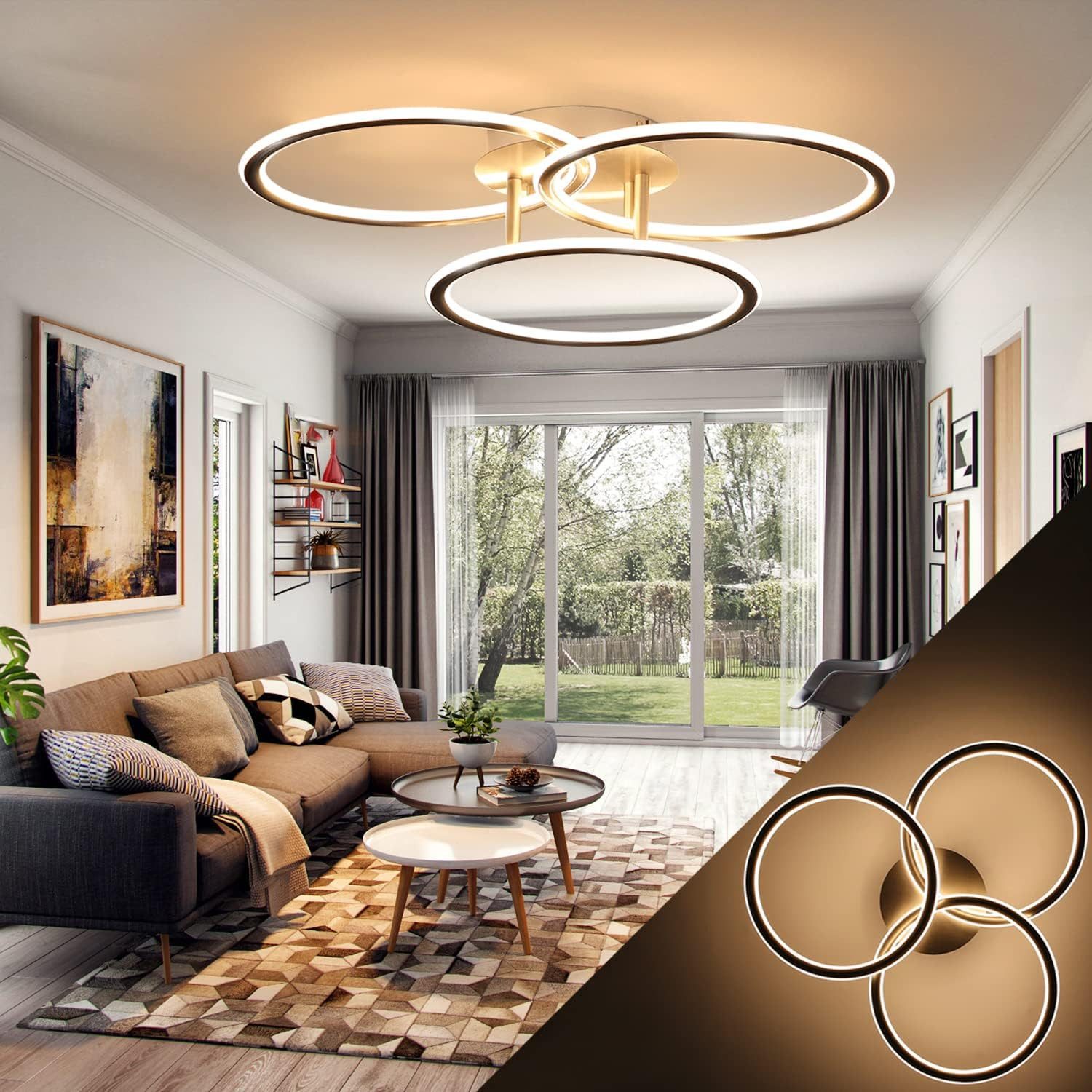 ZMH LED Deckenleuchte Wohnzimmer 3 Ringe Design 41W Deckenlampe 3000K Bürolampe Hotel, warmweiß, LED fest integriert, Warmweiß
