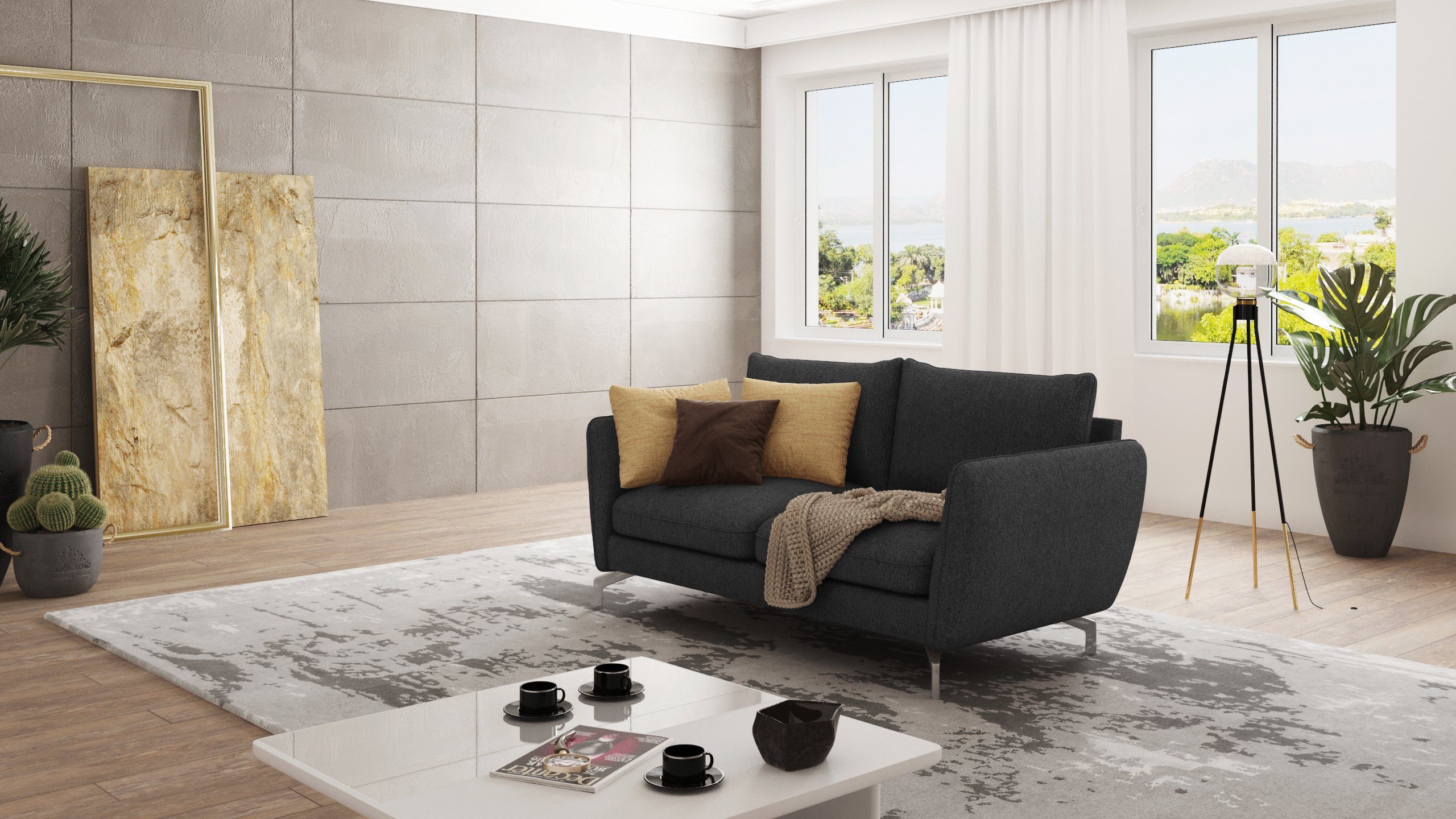 S-Style Möbel 2-Sitzer Metall Benita Modernes mit Wellenfederung Graphit Sofa Füßen, mit Silber