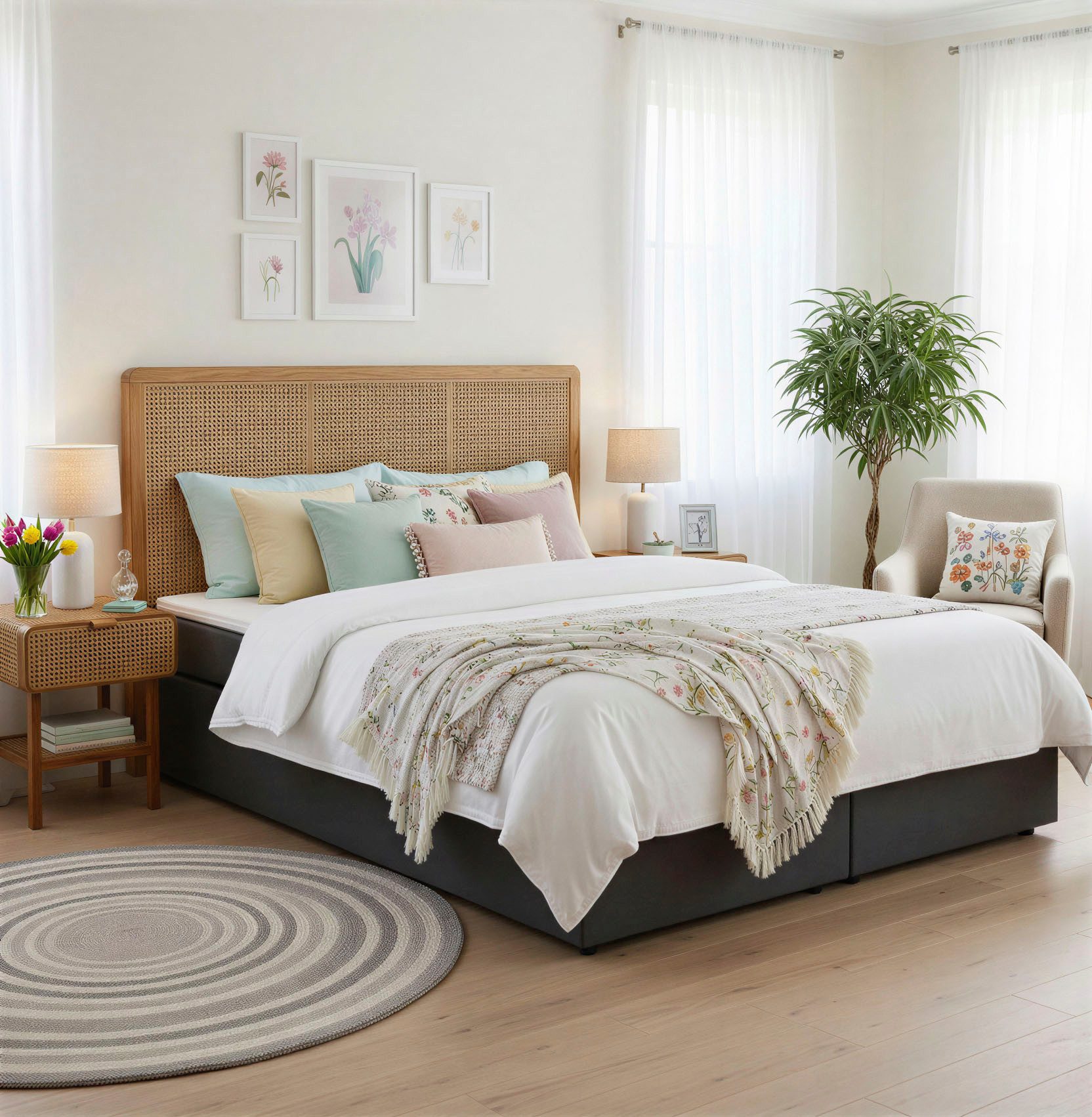SIT Boxspringbett 180x200 cm mit Teak-Rattan-Kopfteil und Topper, Kopfteil aus Teakholz mit handgeflochtenem Rattan-Geflecht